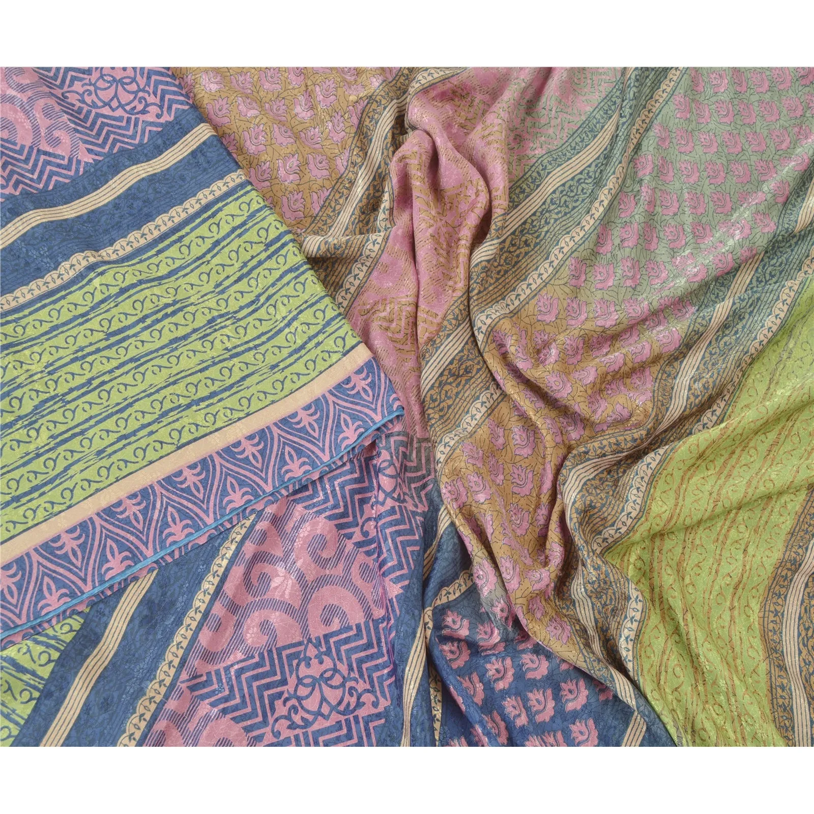 Sanskriti Vintage Pink Sarees Art Silk Fabric Craft Printed Sewing 5 Yard Sari