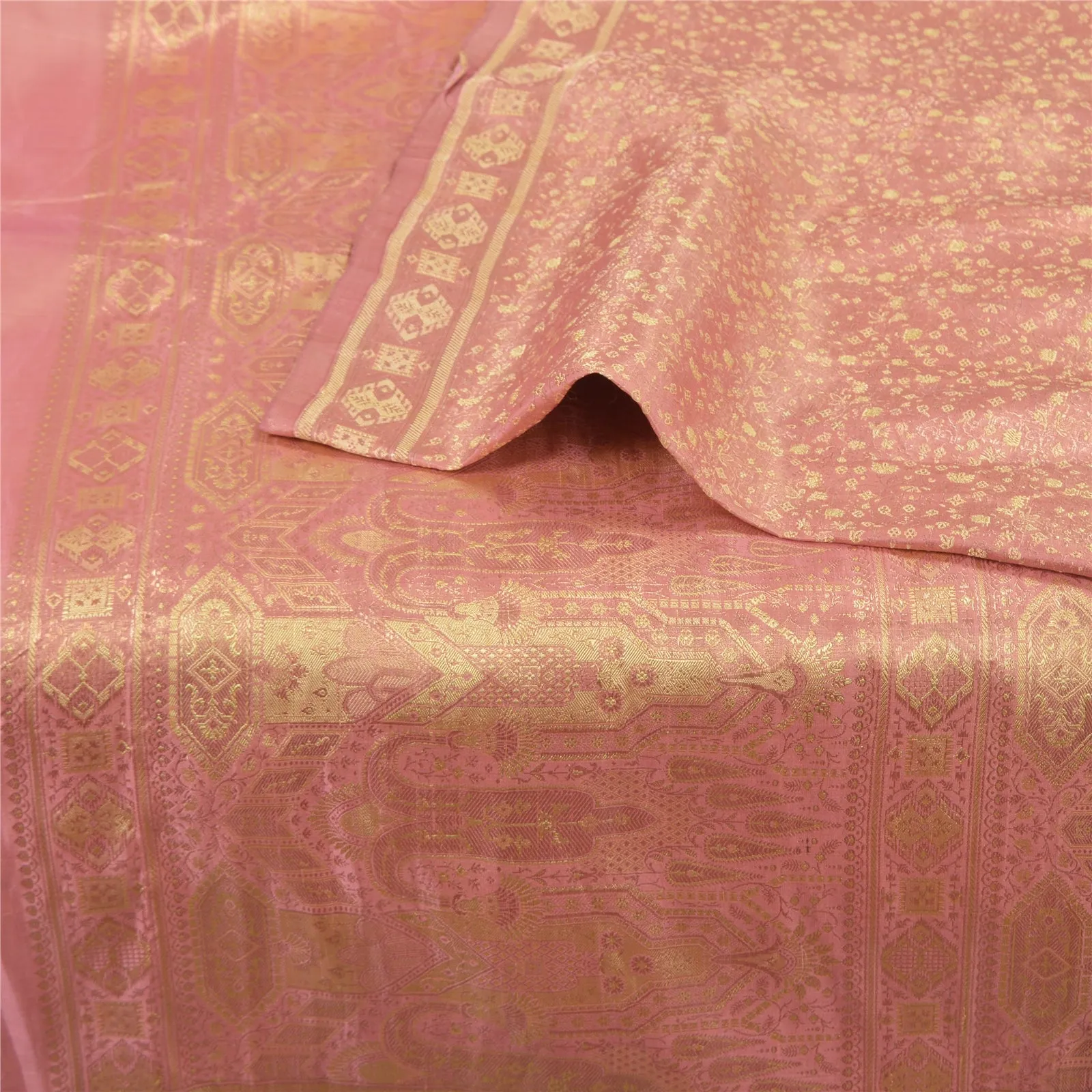 Sanskriti Vintage Pink Sarees Pure Satin Silk Woven Brocade/Banarasi Sari Fabric