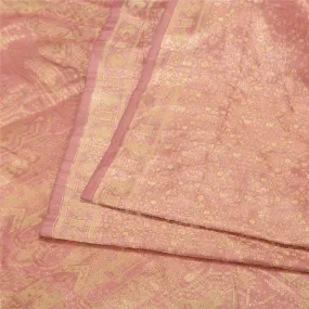 Sanskriti Vintage Pink Sarees Pure Satin Silk Woven Brocade/Banarasi Sari Fabric