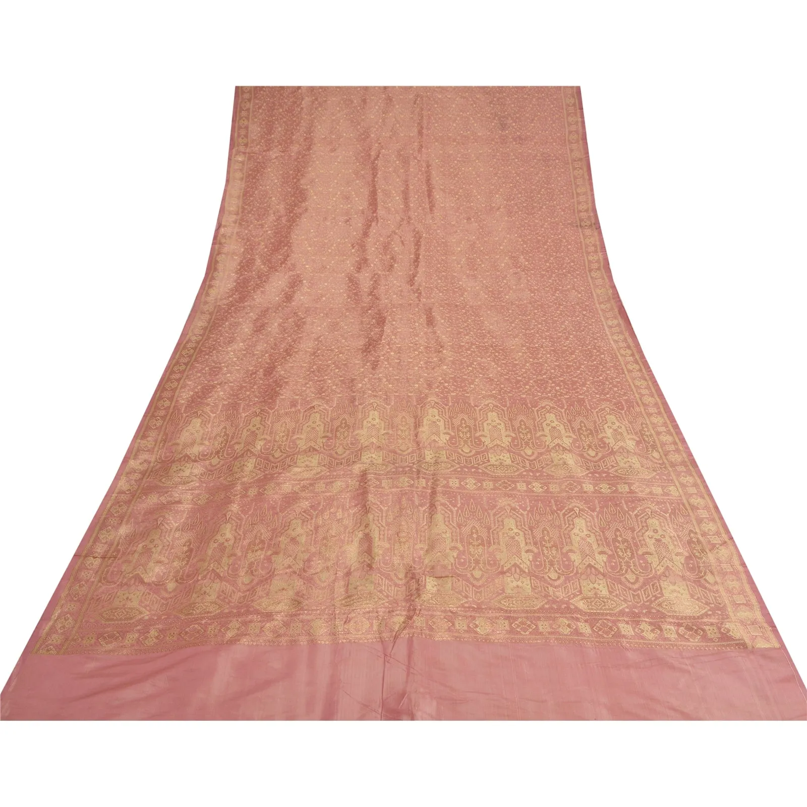 Sanskriti Vintage Pink Sarees Pure Satin Silk Woven Brocade/Banarasi Sari Fabric