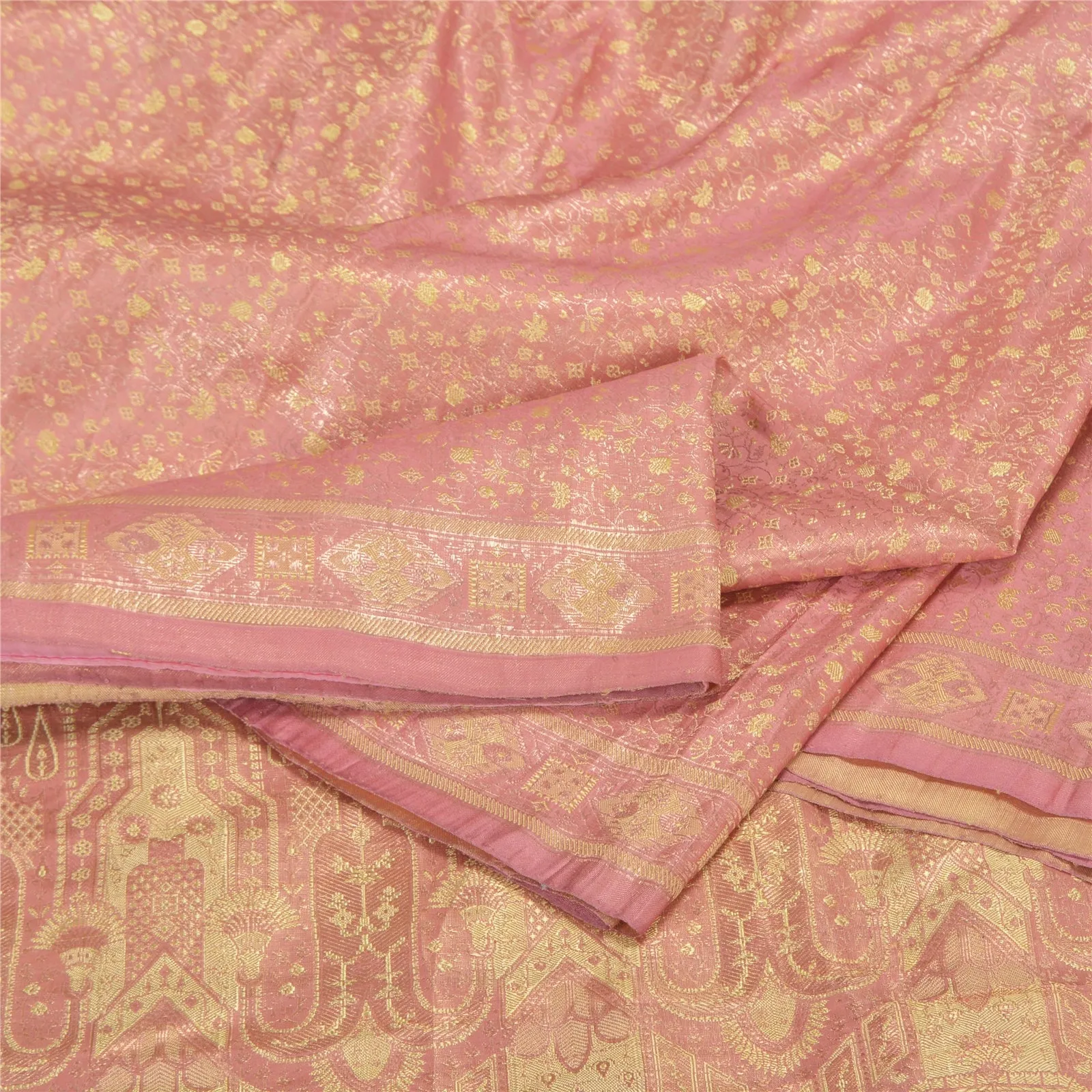 Sanskriti Vintage Pink Sarees Pure Satin Silk Woven Brocade/Banarasi Sari Fabric