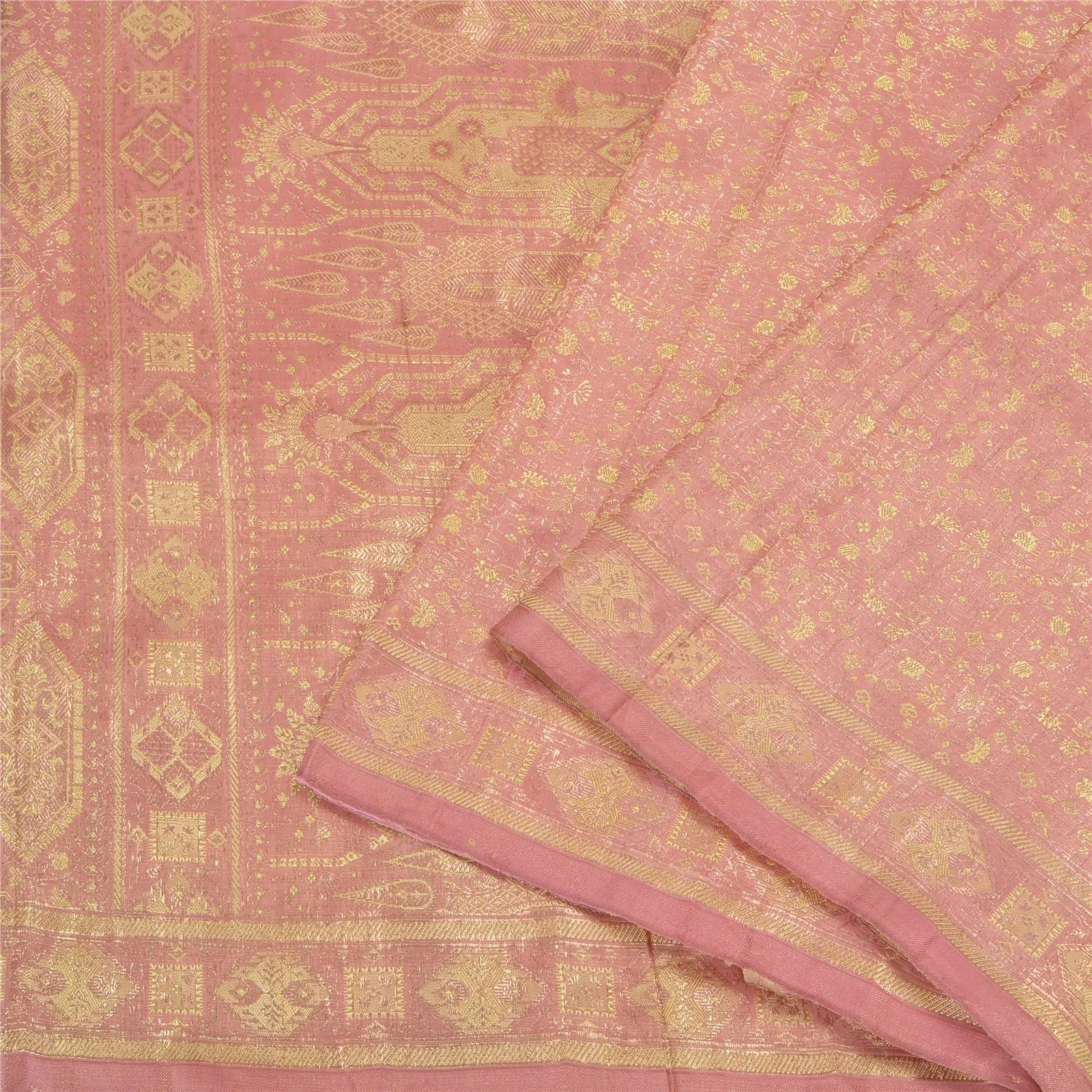 Sanskriti Vintage Pink Sarees Pure Satin Silk Woven Brocade/Banarasi Sari Fabric