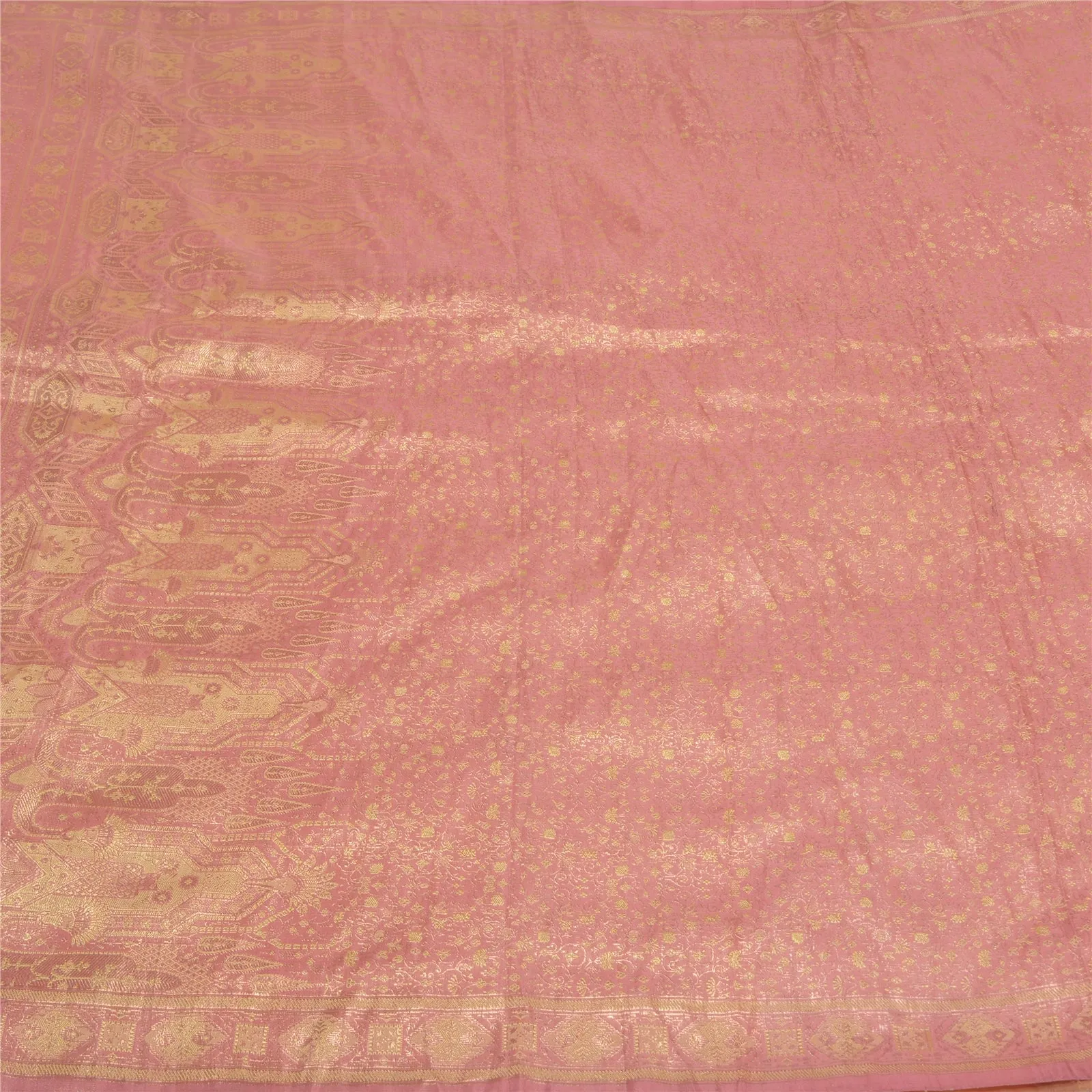 Sanskriti Vintage Pink Sarees Pure Satin Silk Woven Brocade/Banarasi Sari Fabric