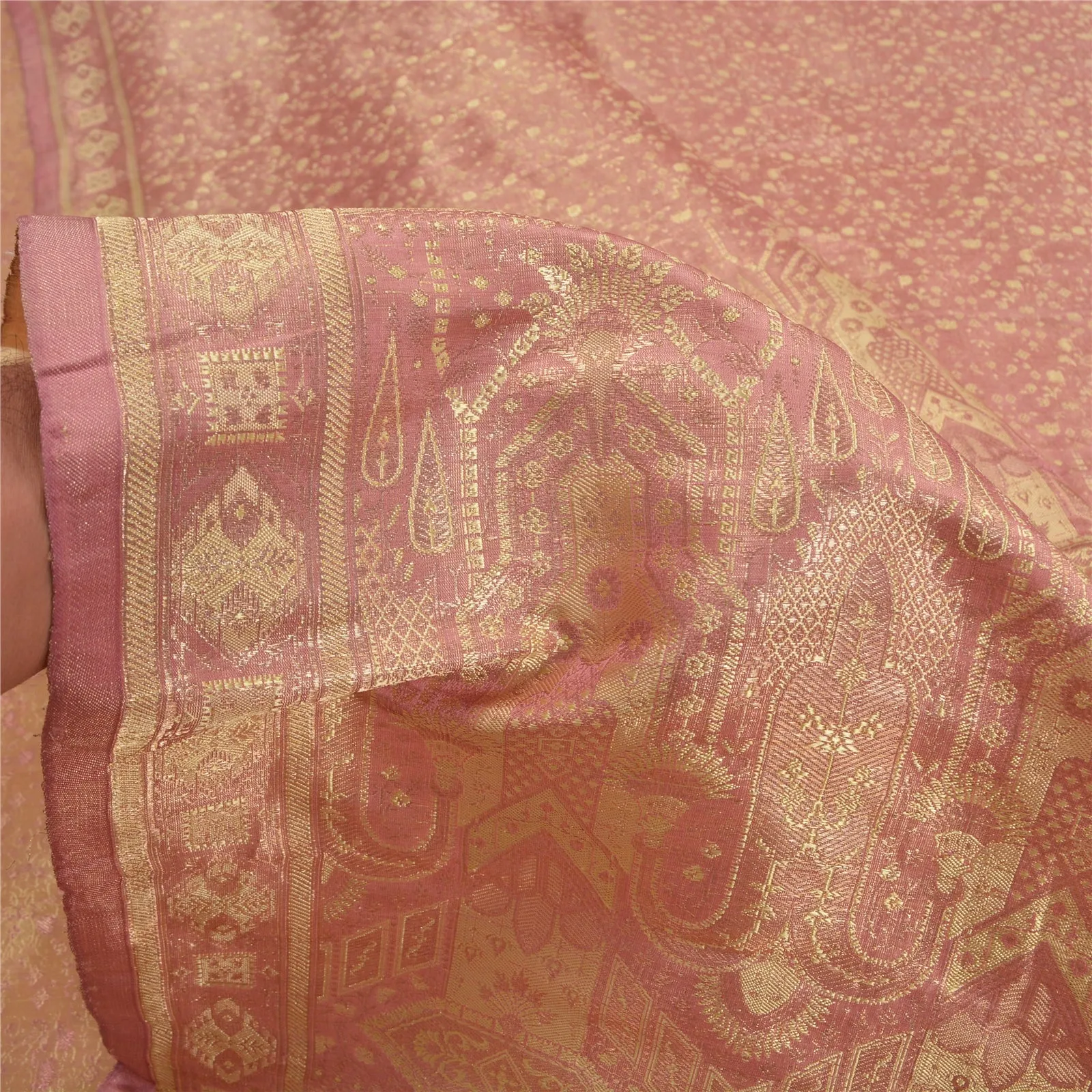 Sanskriti Vintage Pink Sarees Pure Satin Silk Woven Brocade/Banarasi Sari Fabric