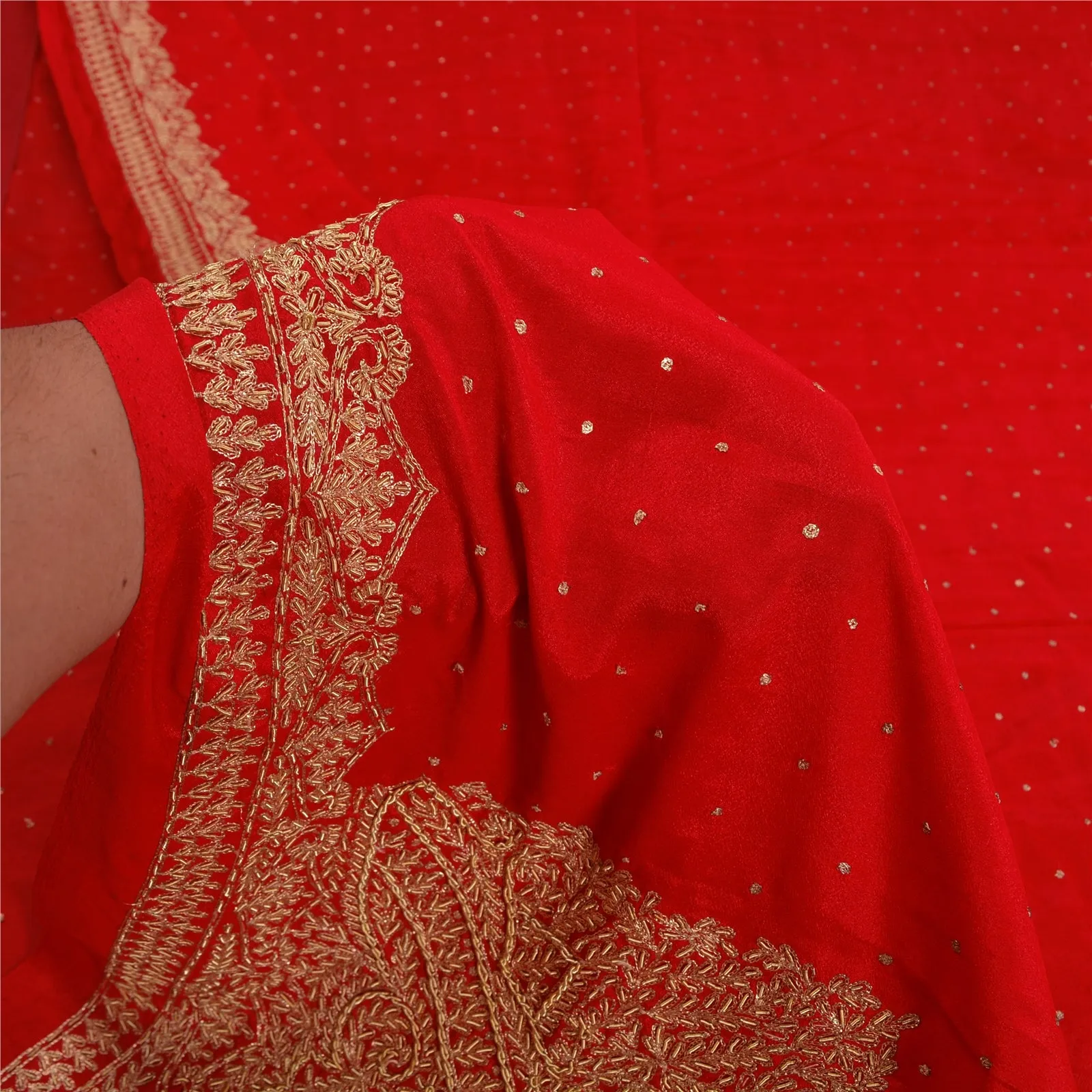 Sanskriti Vintage Red Sarees Art Silk Hand Beaded Premium Sari Craft Fabric