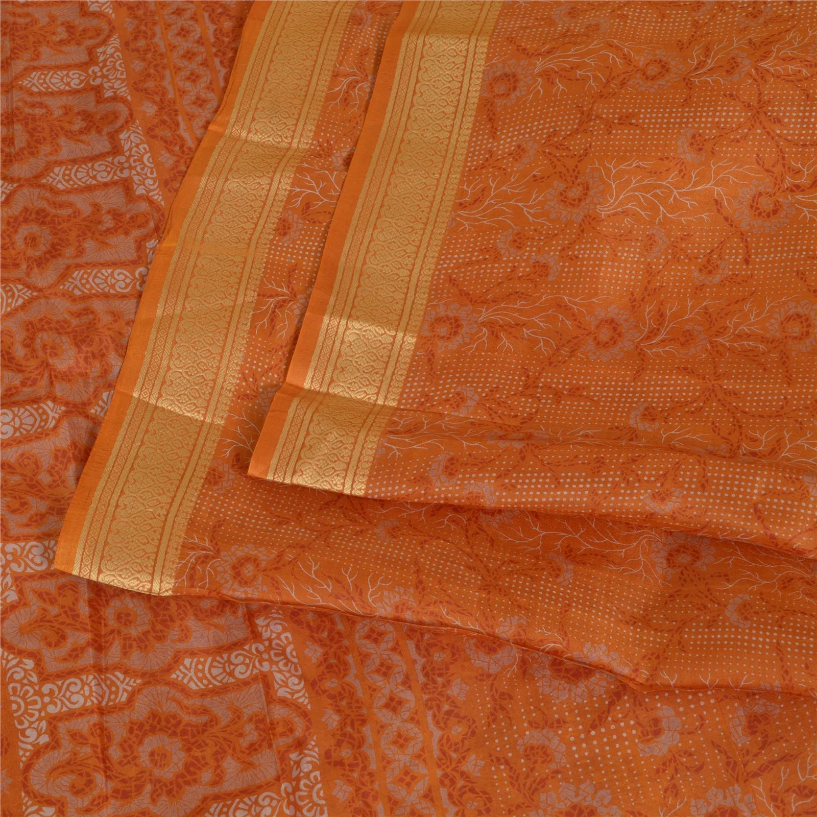 Sanskriti Vintage Saffron Indian Sarees 100% Pure Silk Printed Sari Craft Fabric