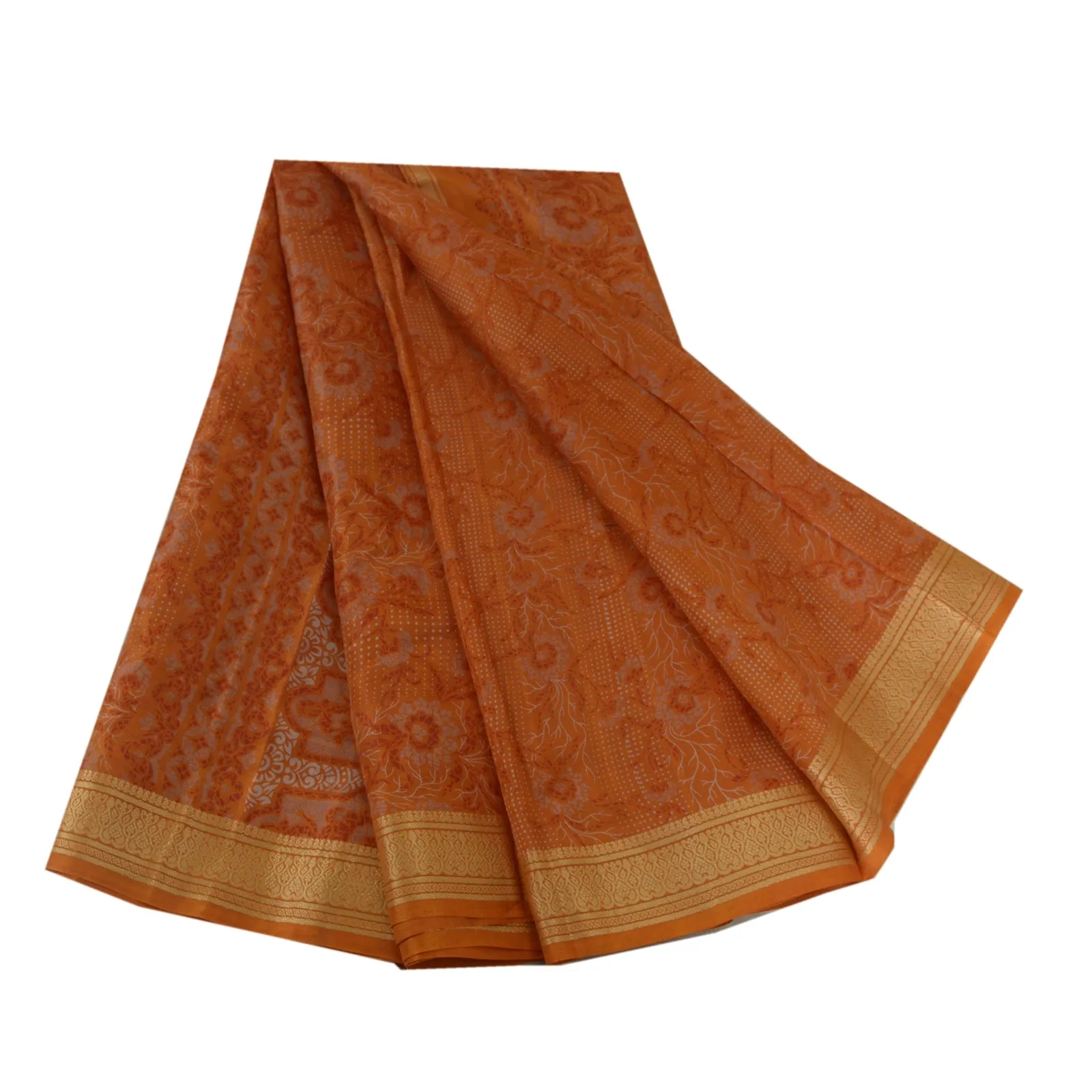 Sanskriti Vintage Saffron Indian Sarees 100% Pure Silk Printed Sari Craft Fabric