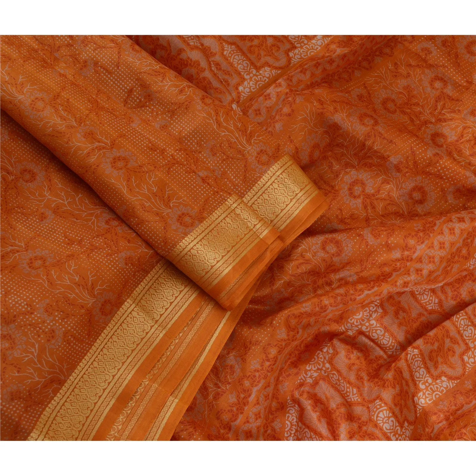 Sanskriti Vintage Saffron Indian Sarees 100% Pure Silk Printed Sari Craft Fabric