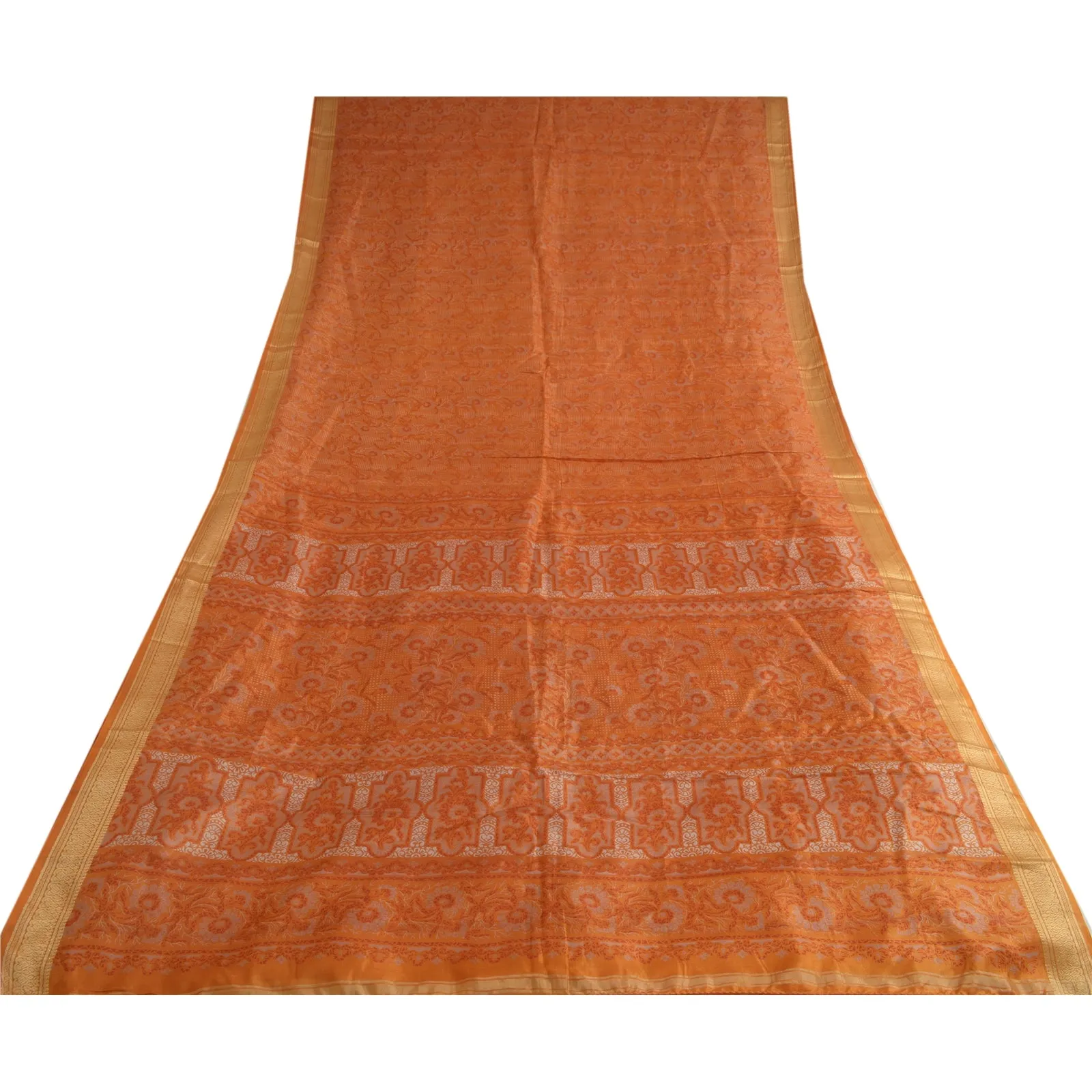 Sanskriti Vintage Saffron Indian Sarees 100% Pure Silk Printed Sari Craft Fabric