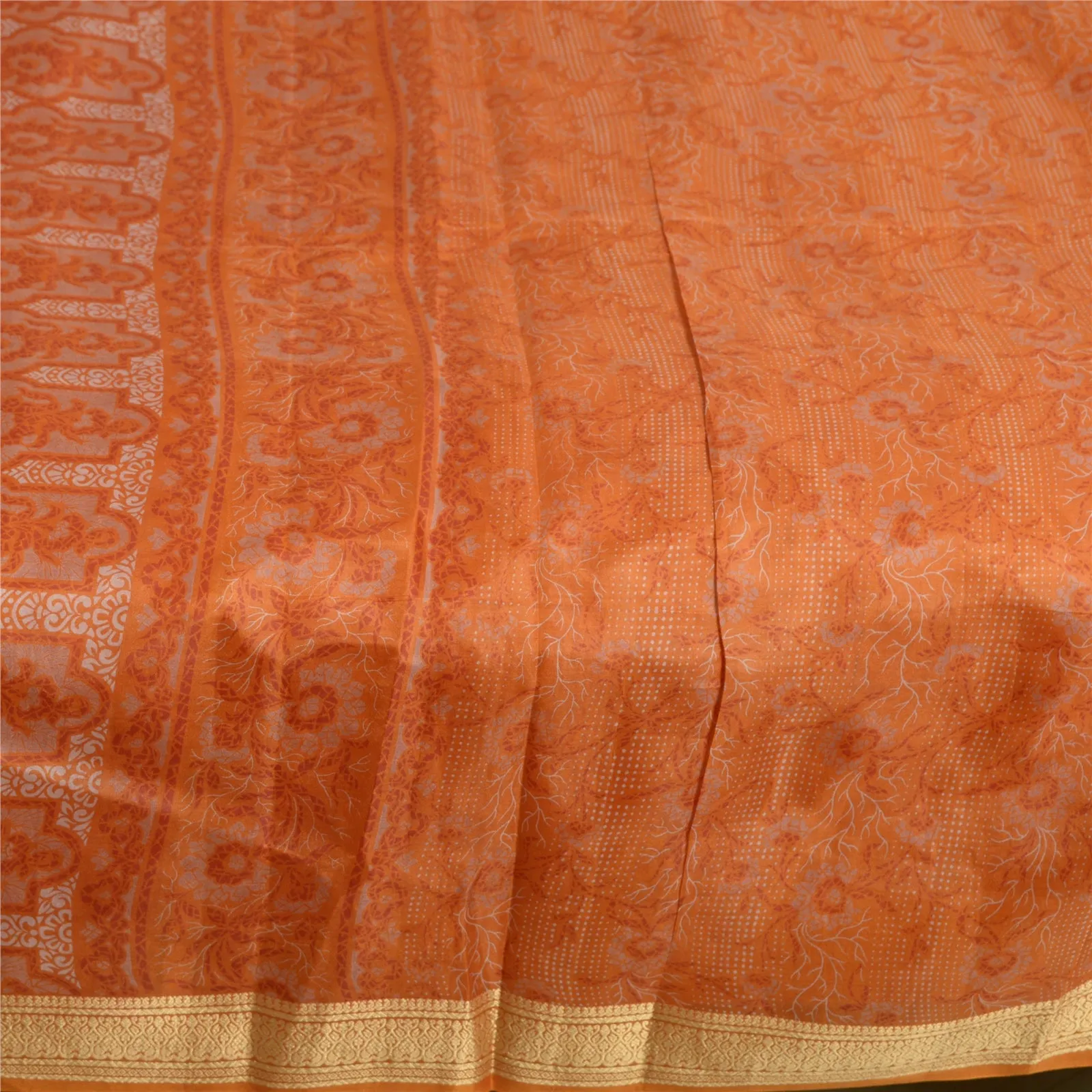 Sanskriti Vintage Saffron Indian Sarees 100% Pure Silk Printed Sari Craft Fabric