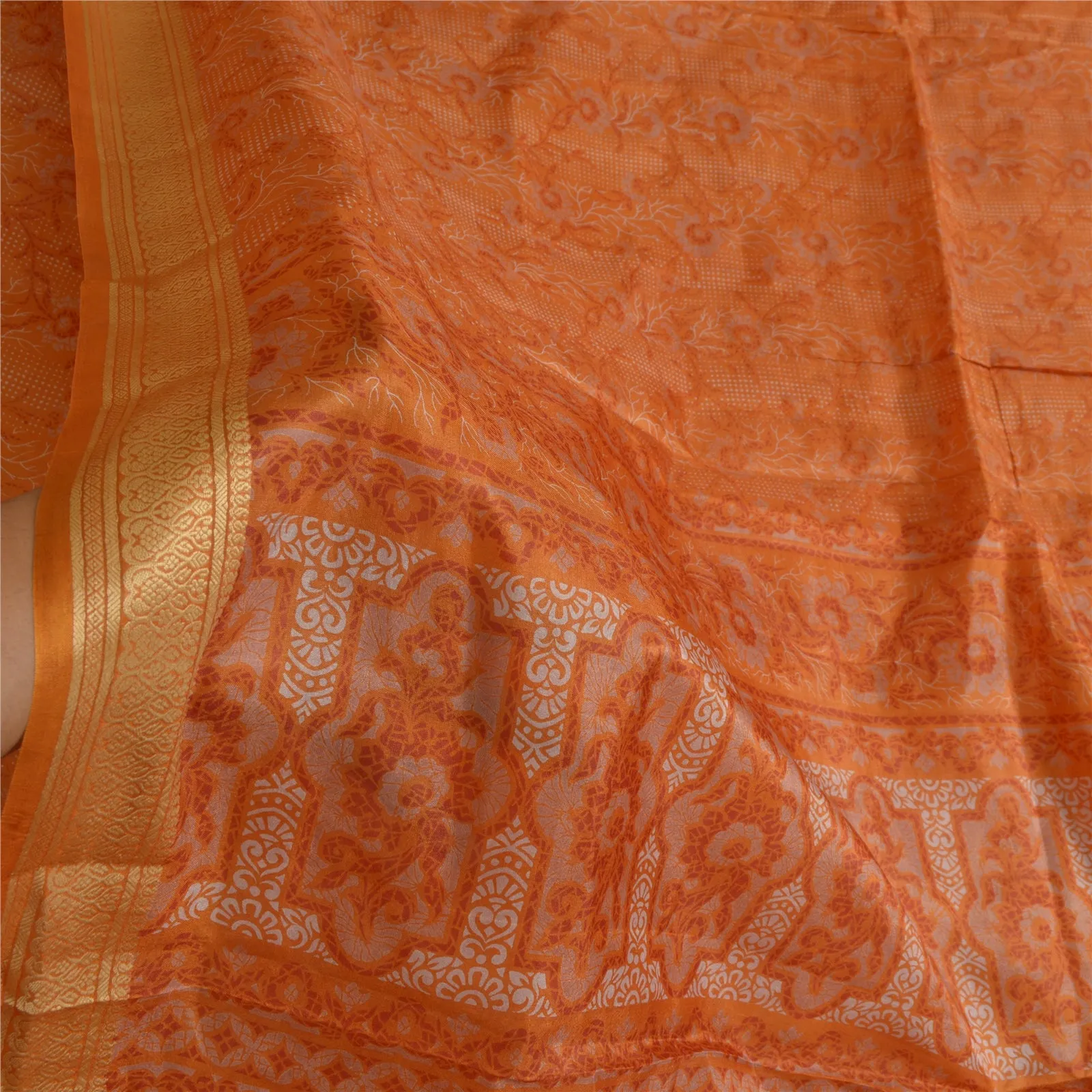 Sanskriti Vintage Saffron Indian Sarees 100% Pure Silk Printed Sari Craft Fabric