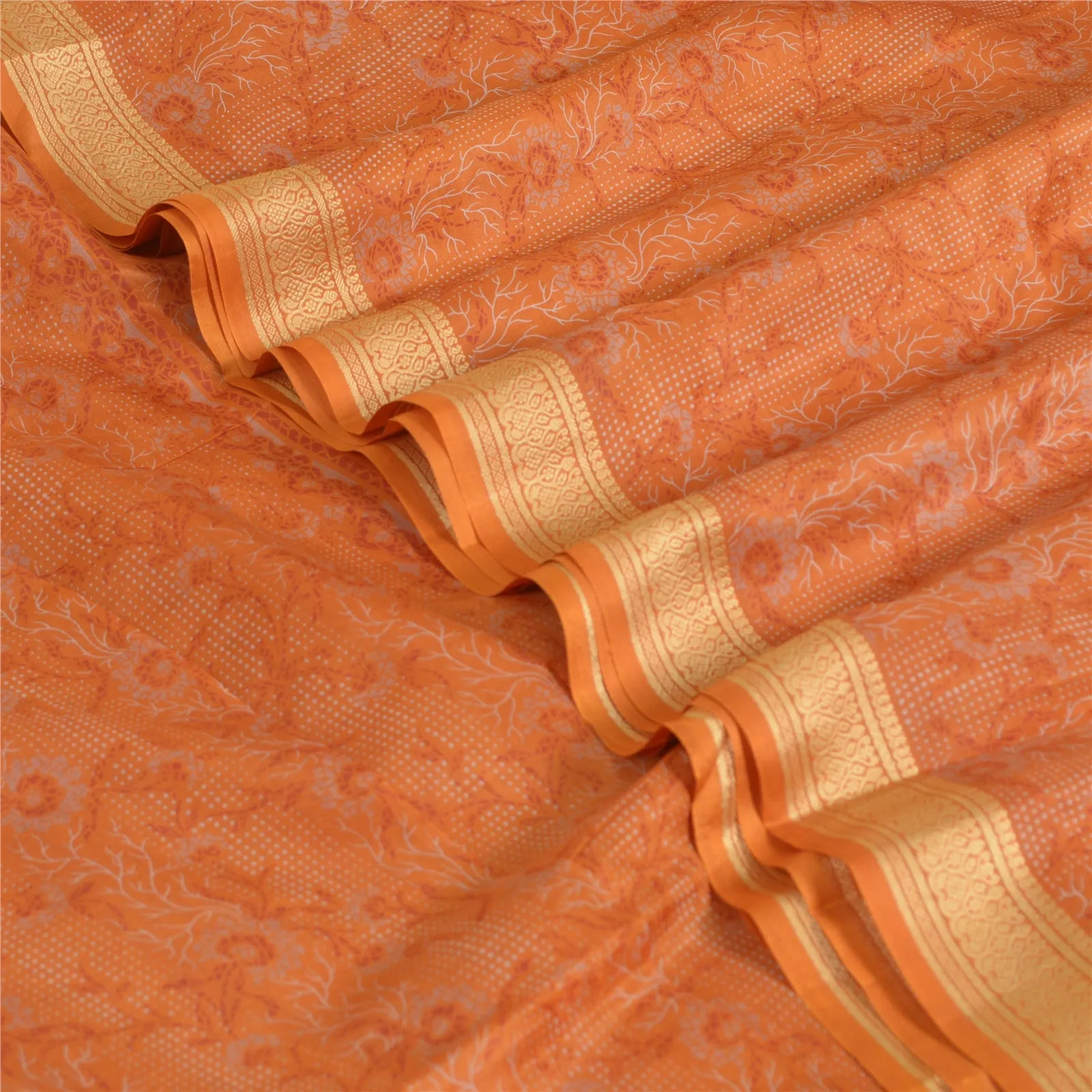 Sanskriti Vintage Saffron Indian Sarees 100% Pure Silk Printed Sari Craft Fabric