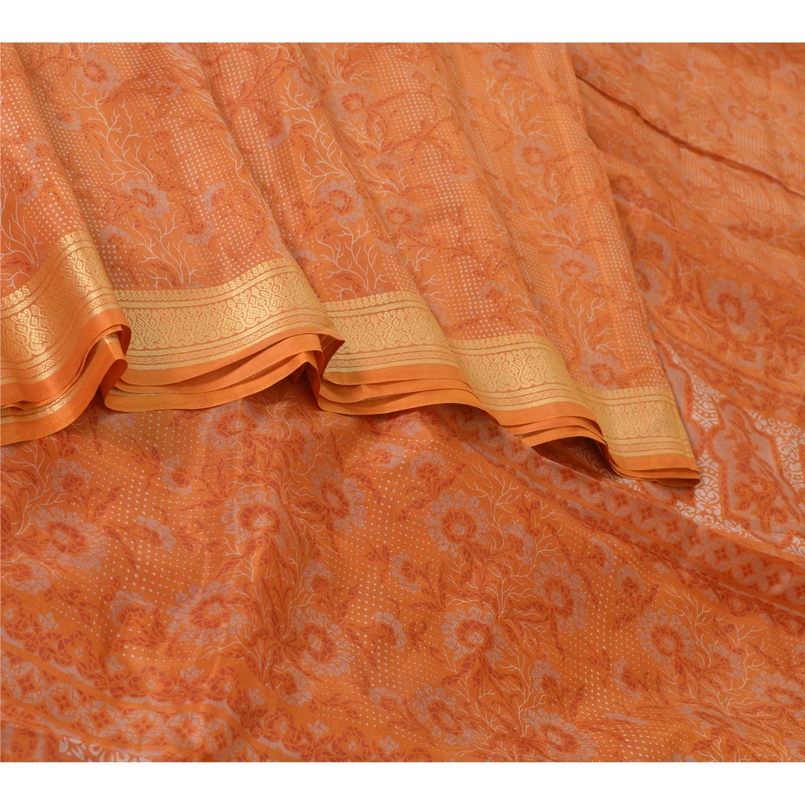 Sanskriti Vintage Saffron Indian Sarees 100% Pure Silk Printed Sari Craft Fabric