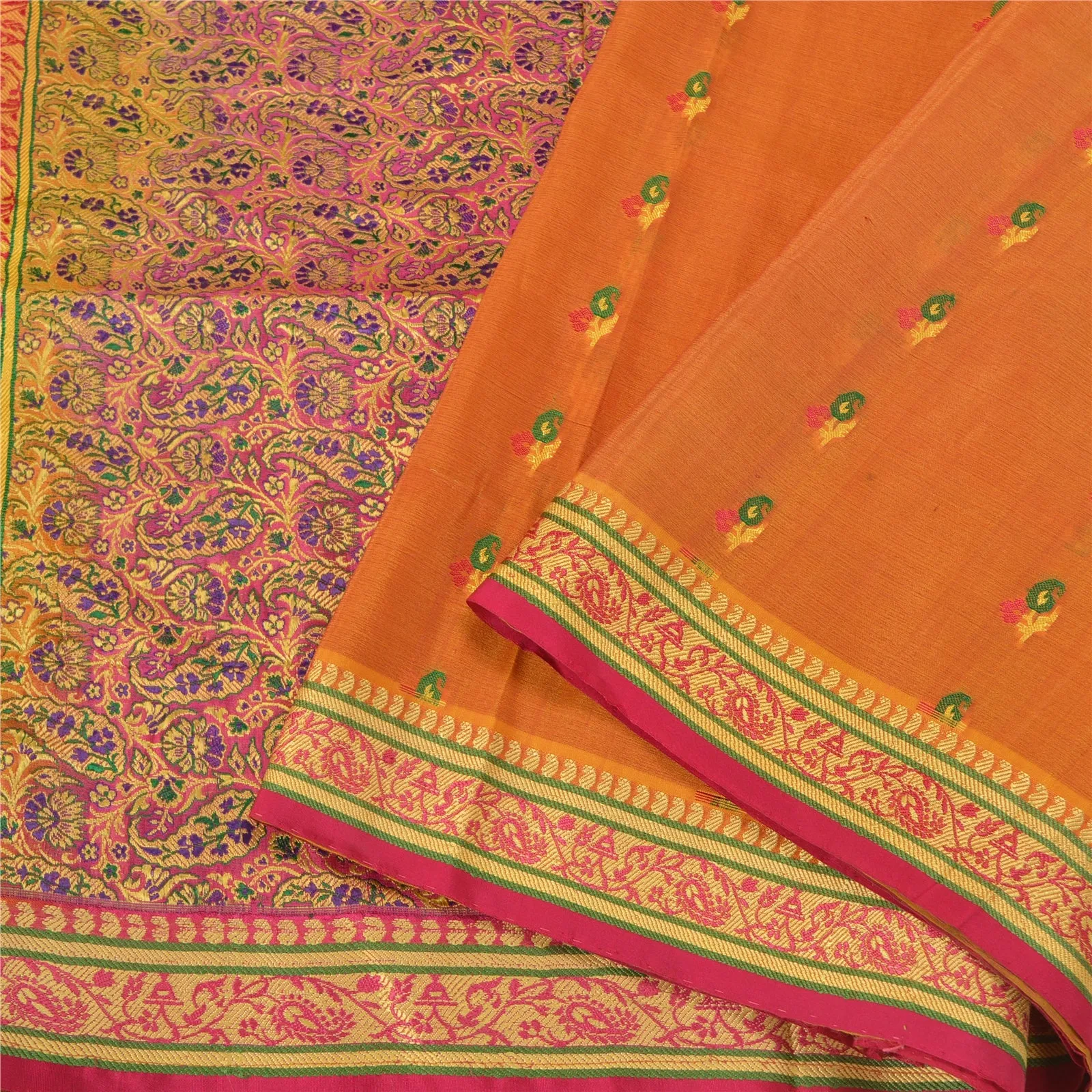 Sanskriti Vintage Saffron/Pink Sarees Pure Silk Woven Premium Sari 5 Yard Fabric