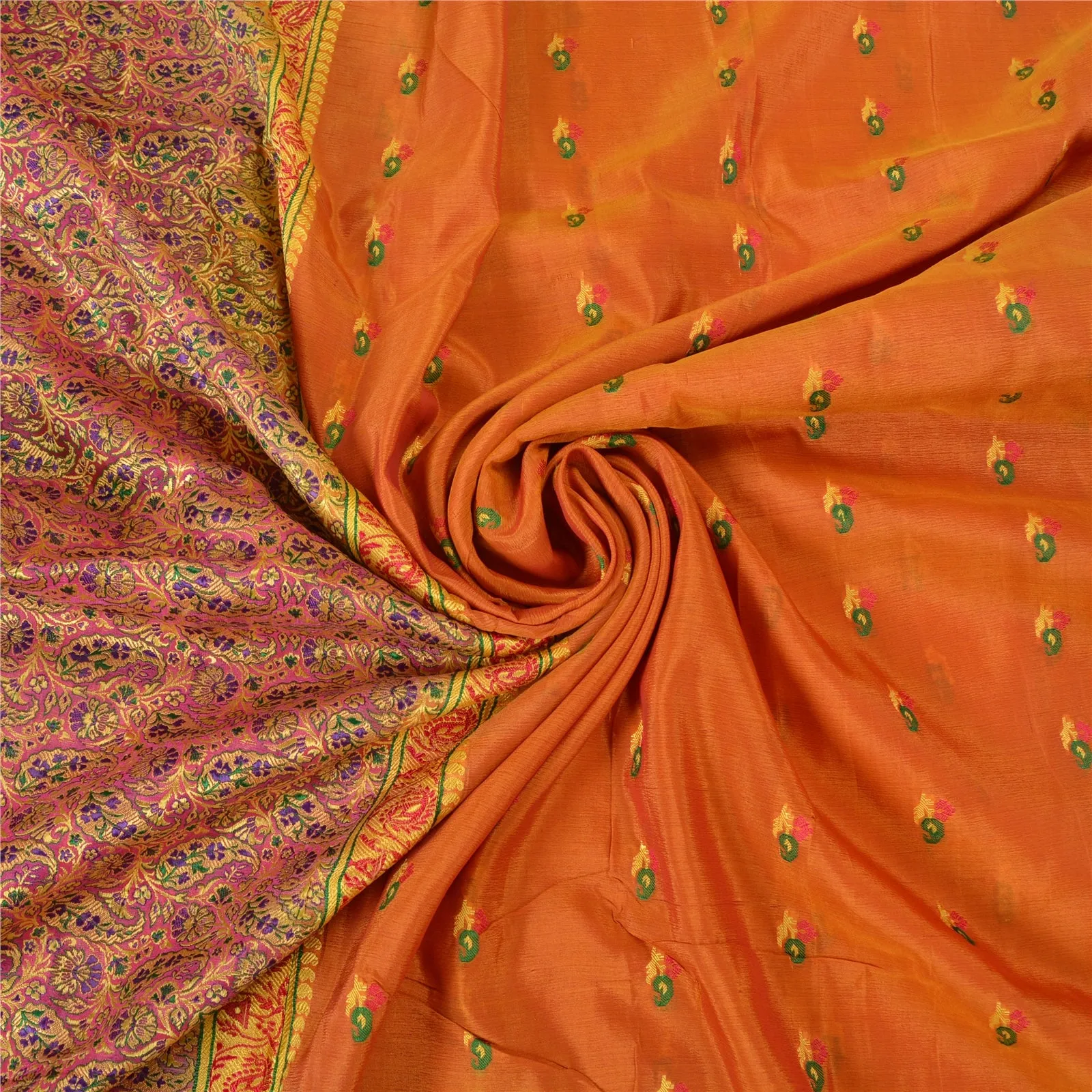 Sanskriti Vintage Saffron/Pink Sarees Pure Silk Woven Premium Sari 5 Yard Fabric