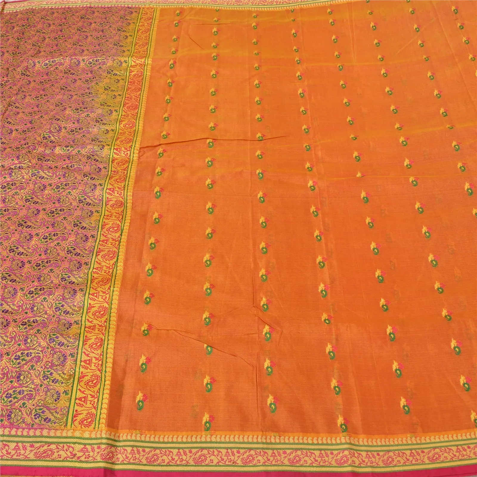 Sanskriti Vintage Saffron/Pink Sarees Pure Silk Woven Premium Sari 5 Yard Fabric