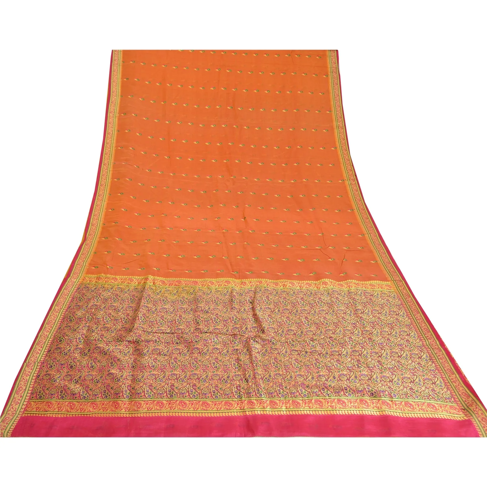 Sanskriti Vintage Saffron/Pink Sarees Pure Silk Woven Premium Sari 5 Yard Fabric