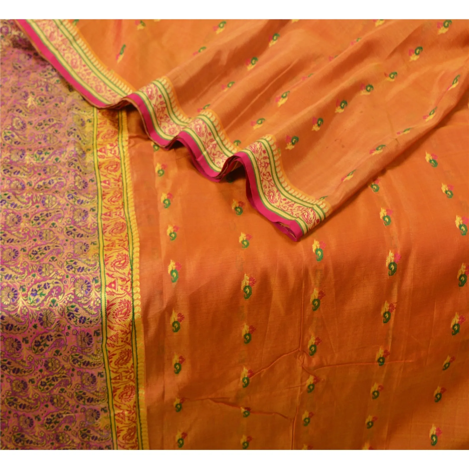 Sanskriti Vintage Saffron/Pink Sarees Pure Silk Woven Premium Sari 5 Yard Fabric