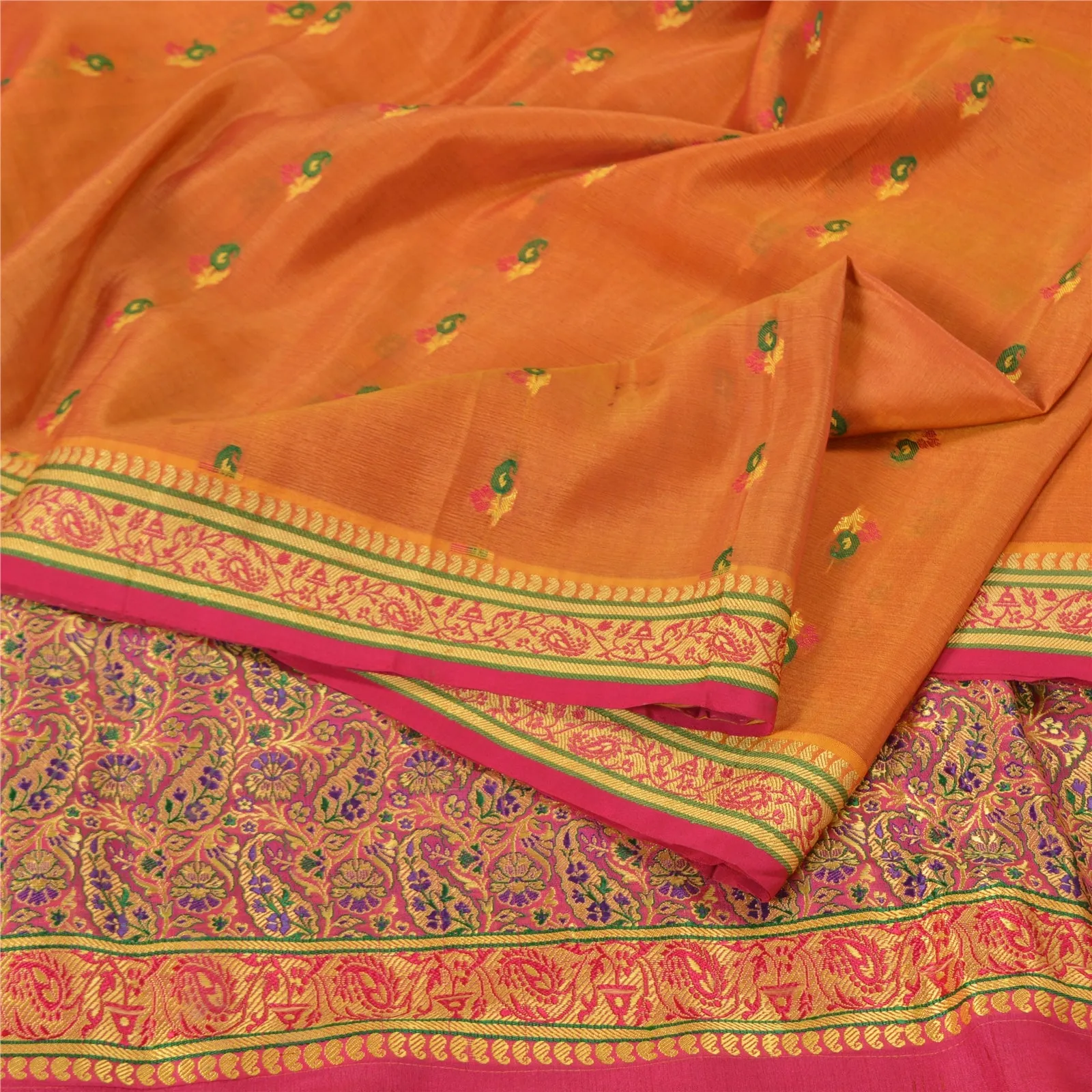 Sanskriti Vintage Saffron/Pink Sarees Pure Silk Woven Premium Sari 5 Yard Fabric