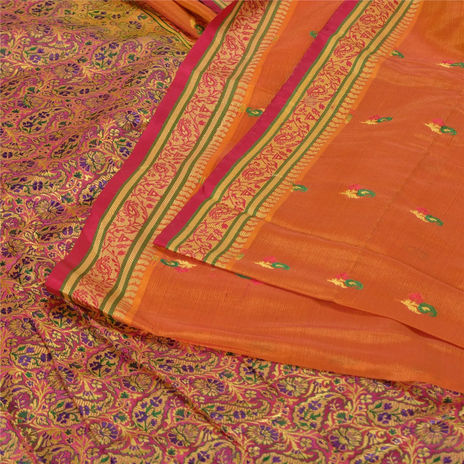 Sanskriti Vintage Saffron/Pink Sarees Pure Silk Woven Premium Sari 5 Yard Fabric