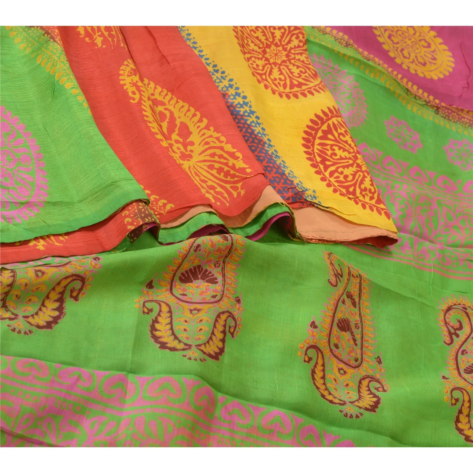 Sanskriti Vintage Sarees 5yd Pure Silk Quilting Felting Craft Fabric Print Sari