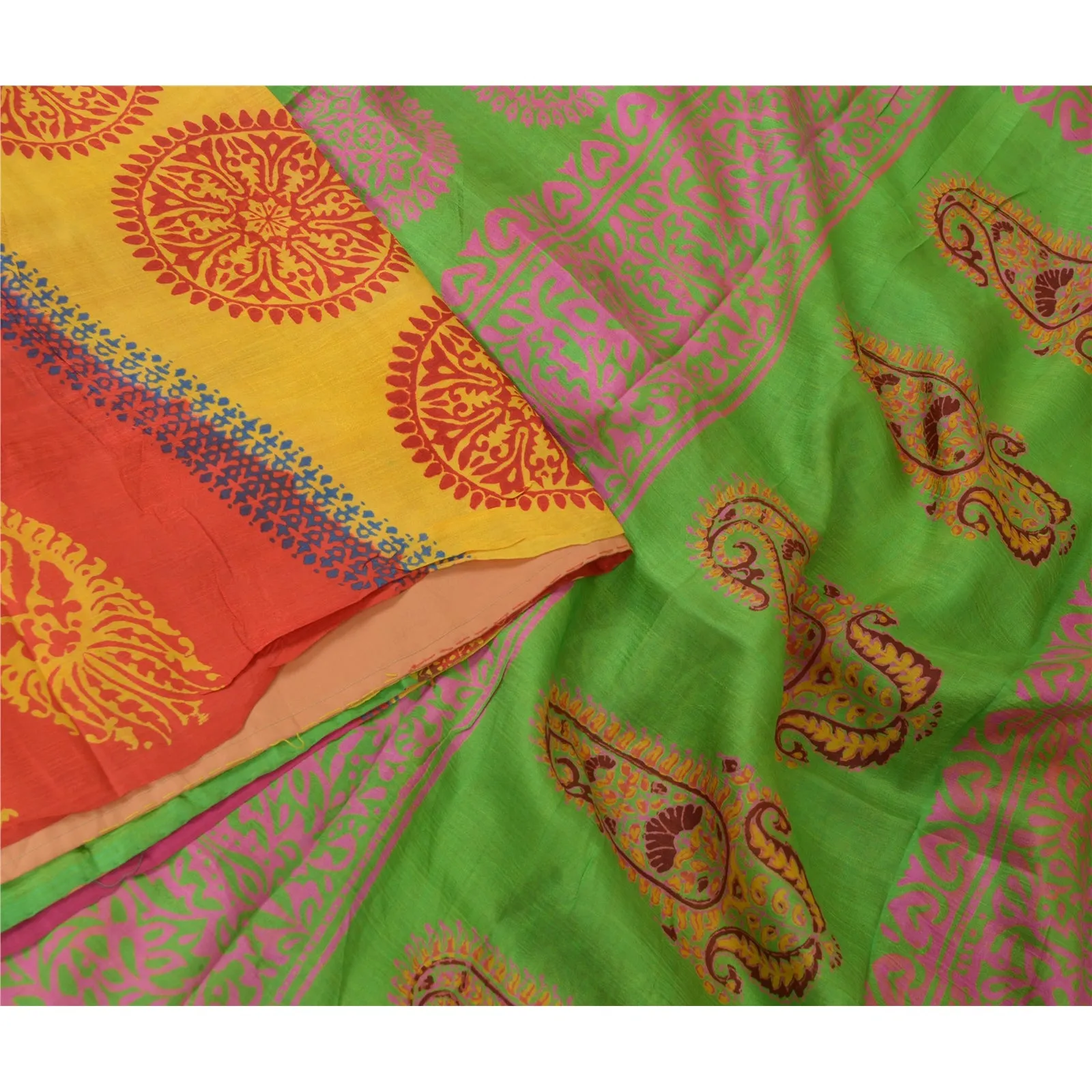 Sanskriti Vintage Sarees 5yd Pure Silk Quilting Felting Craft Fabric Print Sari