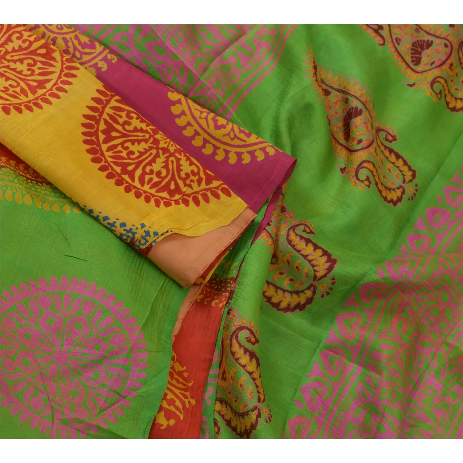 Sanskriti Vintage Sarees 5yd Pure Silk Quilting Felting Craft Fabric Print Sari