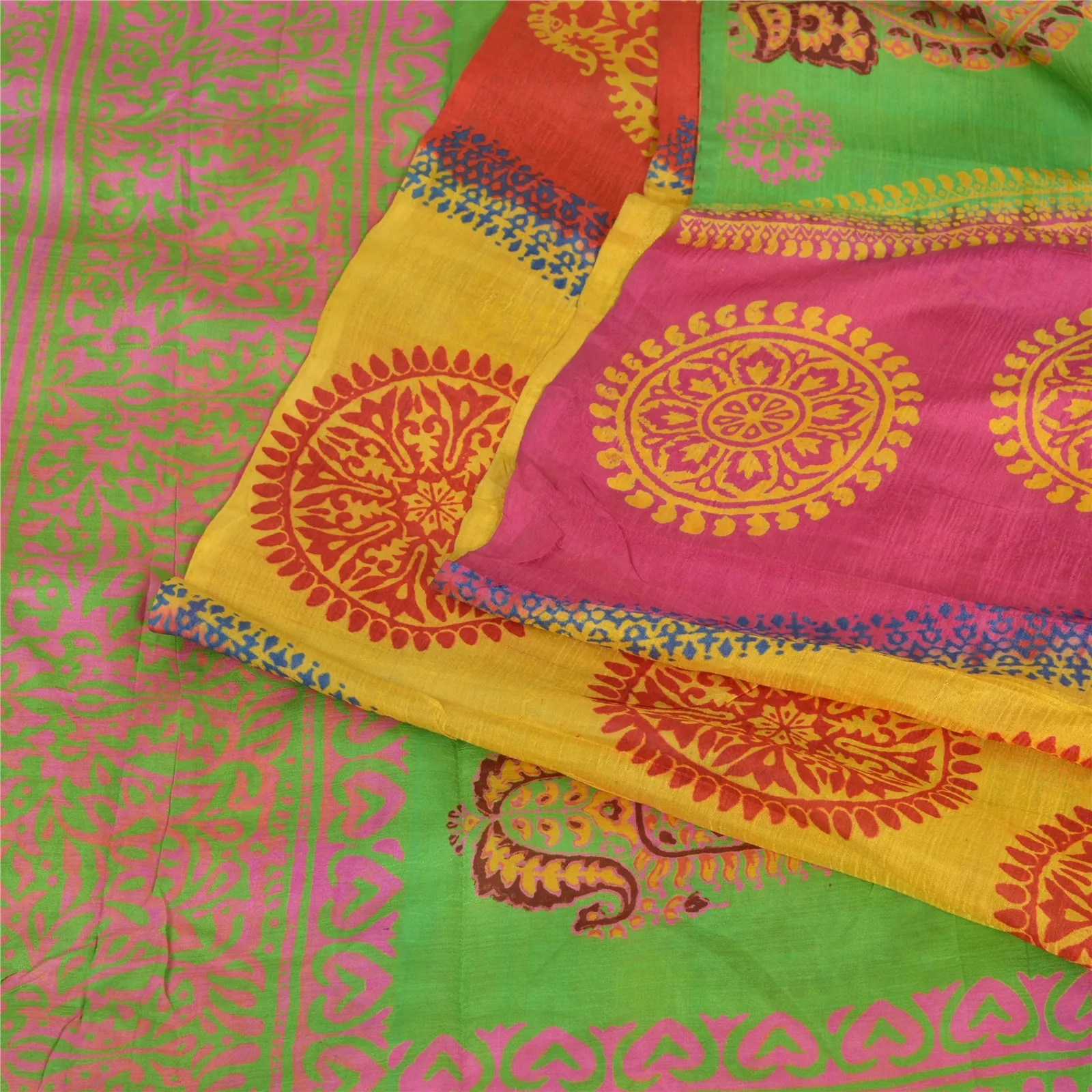 Sanskriti Vintage Sarees 5yd Pure Silk Quilting Felting Craft Fabric Print Sari