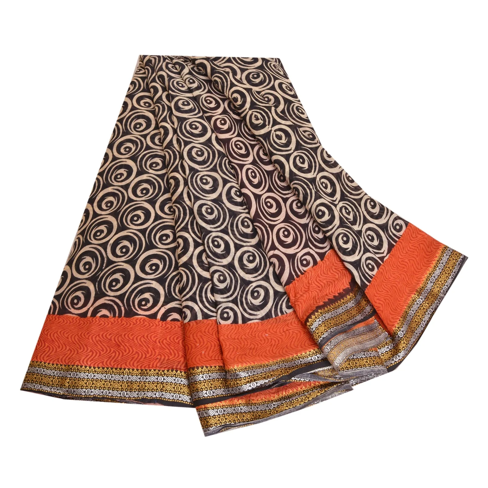 Sanskriti Vintage Sarees Black/Orange Printed 100% Pure Cotton Sari Craft Fabric