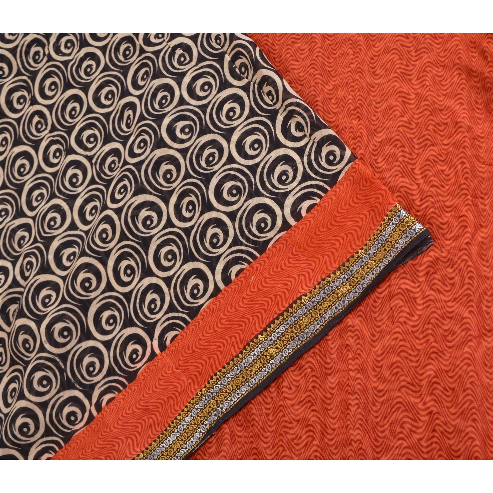 Sanskriti Vintage Sarees Black/Orange Printed 100% Pure Cotton Sari Craft Fabric