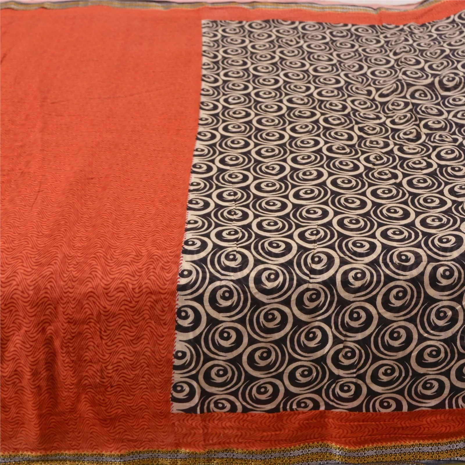 Sanskriti Vintage Sarees Black/Orange Printed 100% Pure Cotton Sari Craft Fabric