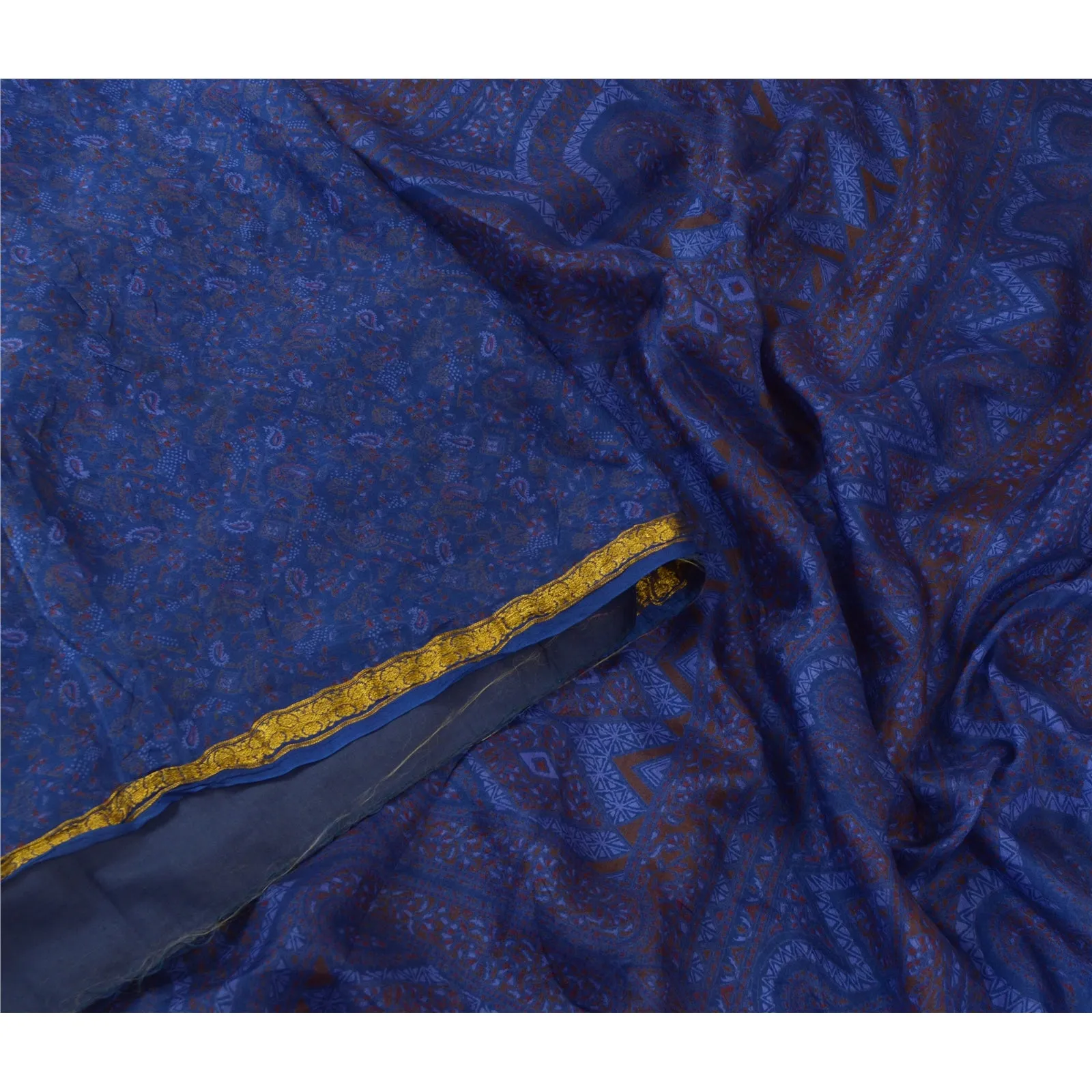 Sanskriti Vintage Sarees Blue Zari Border Printed Pure Silk Sari Craft Fabric