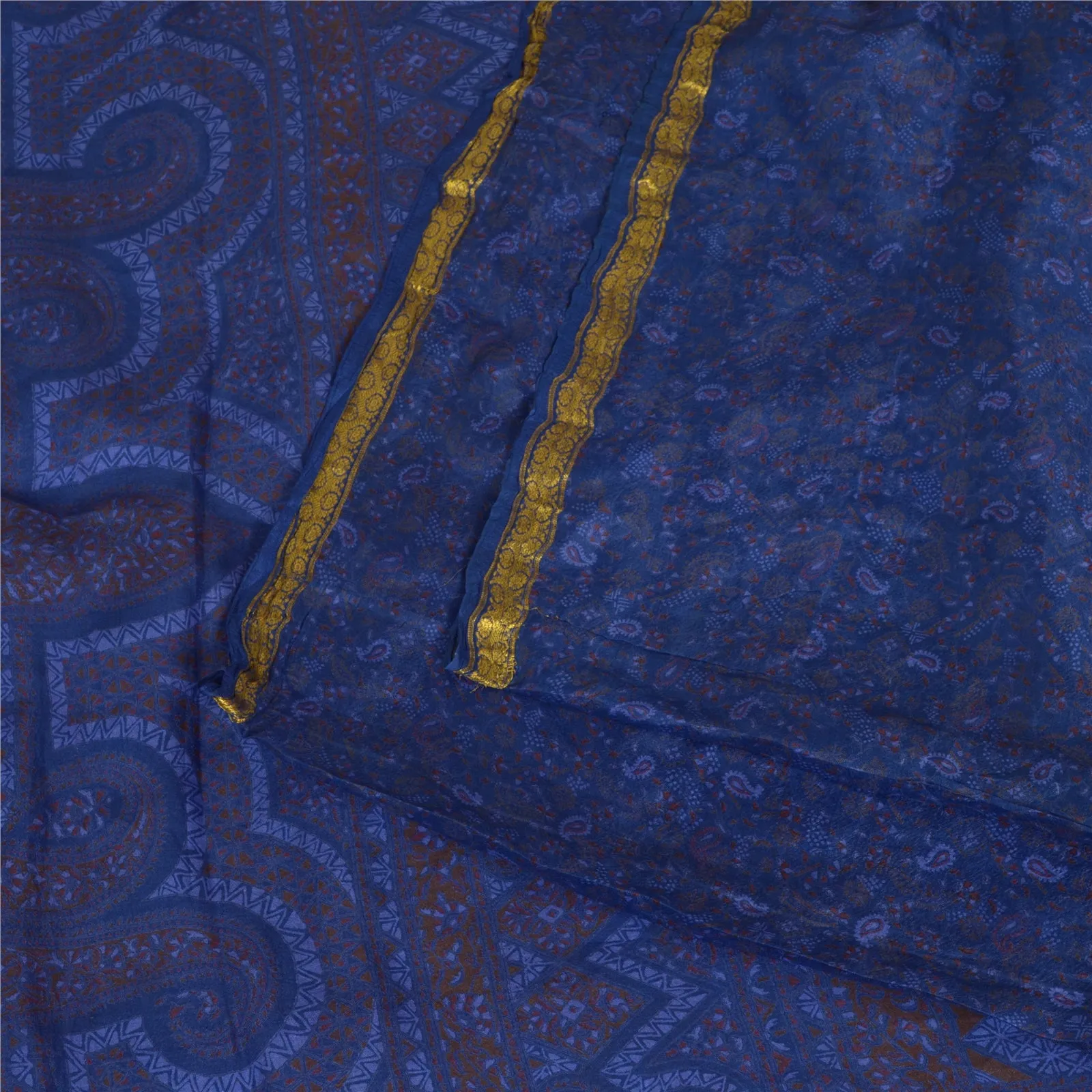 Sanskriti Vintage Sarees Blue Zari Border Printed Pure Silk Sari Craft Fabric