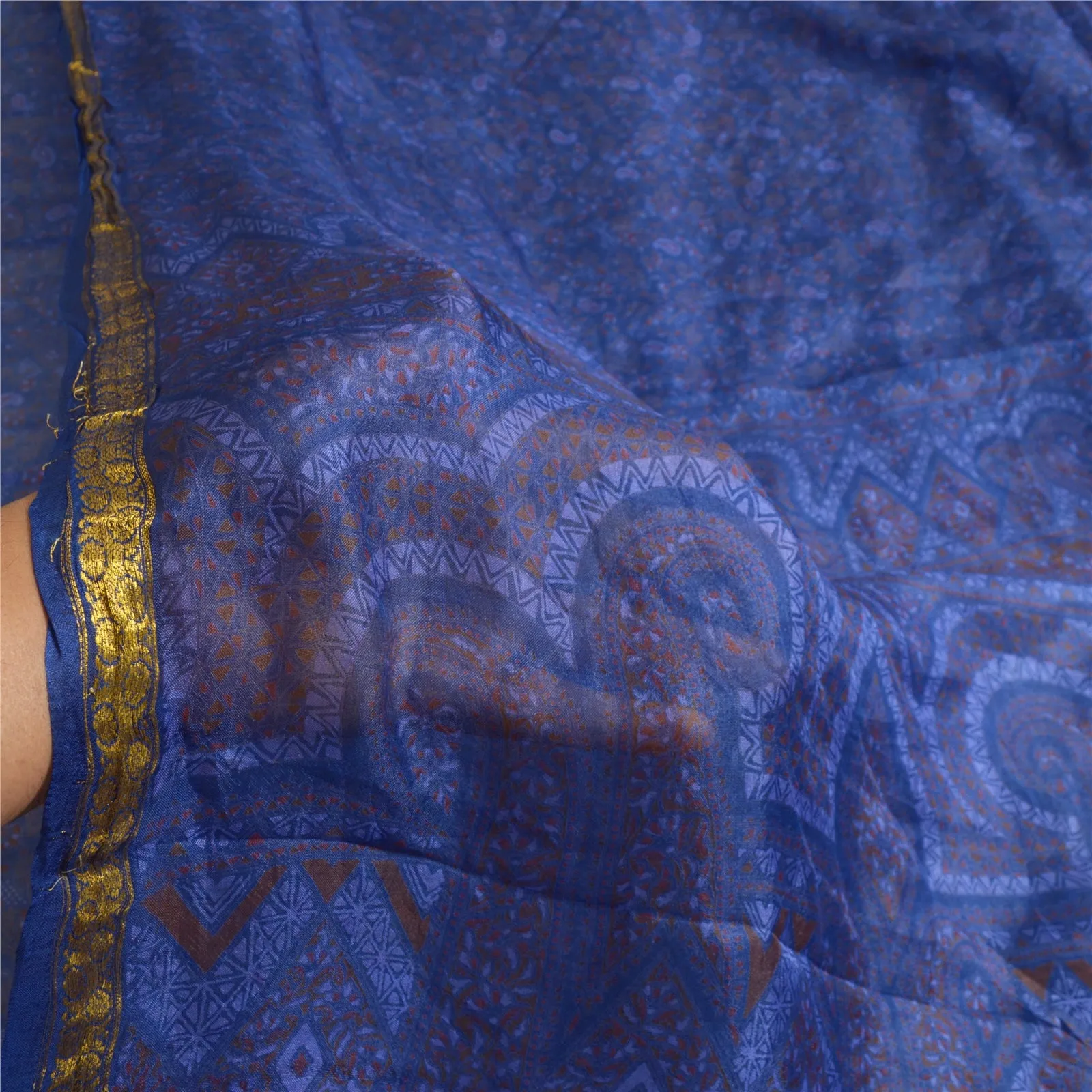 Sanskriti Vintage Sarees Blue Zari Border Printed Pure Silk Sari Craft Fabric