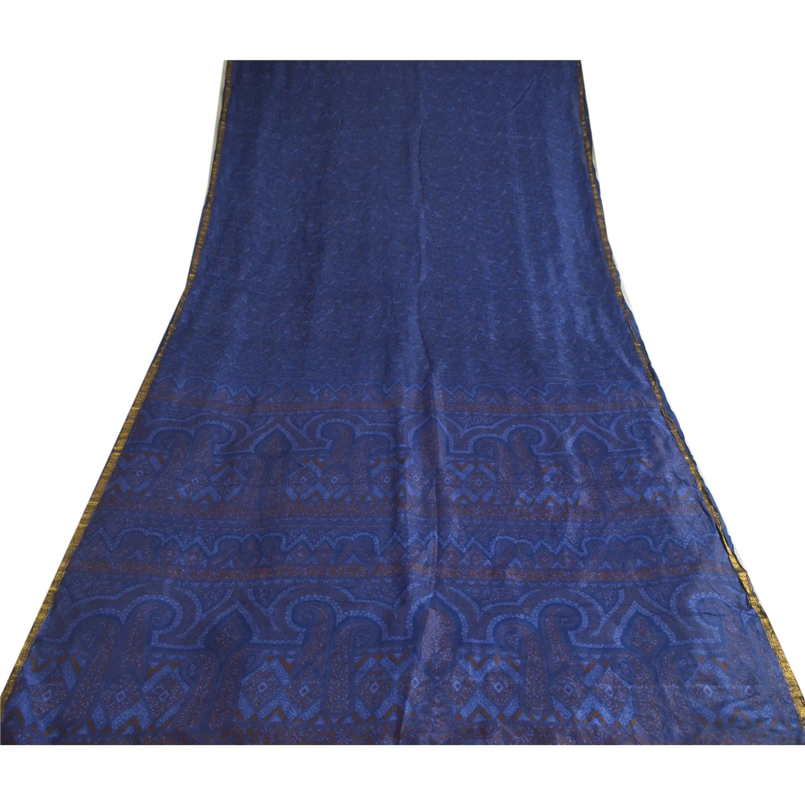 Sanskriti Vintage Sarees Blue Zari Border Printed Pure Silk Sari Craft Fabric