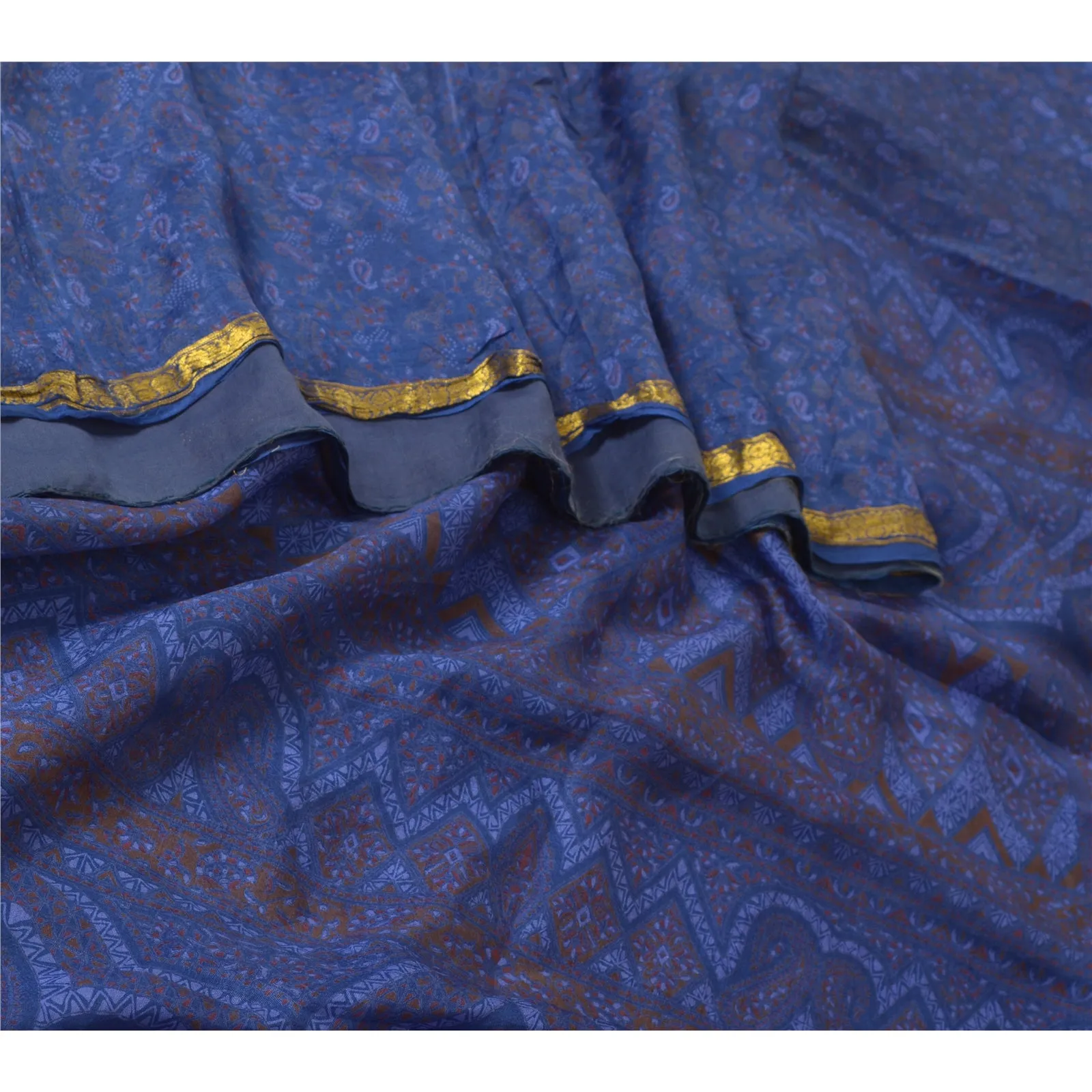 Sanskriti Vintage Sarees Blue Zari Border Printed Pure Silk Sari Craft Fabric