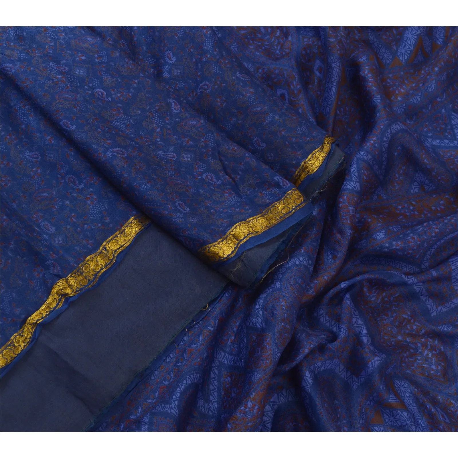 Sanskriti Vintage Sarees Blue Zari Border Printed Pure Silk Sari Craft Fabric