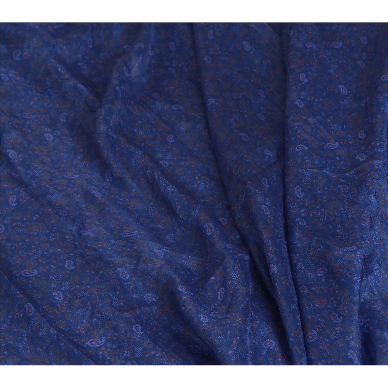 Sanskriti Vintage Sarees Blue Zari Border Printed Pure Silk Sari Craft Fabric