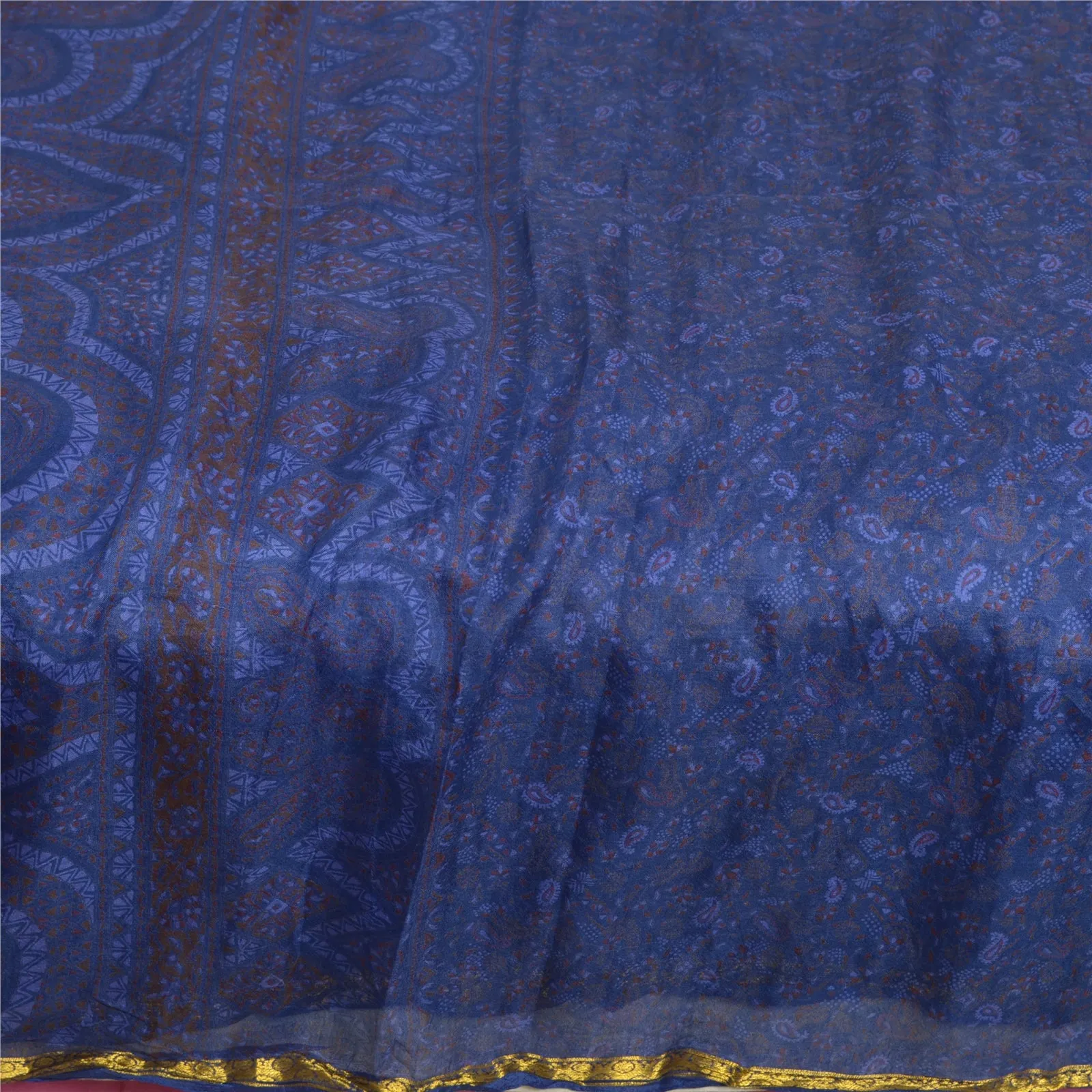 Sanskriti Vintage Sarees Blue Zari Border Printed Pure Silk Sari Craft Fabric