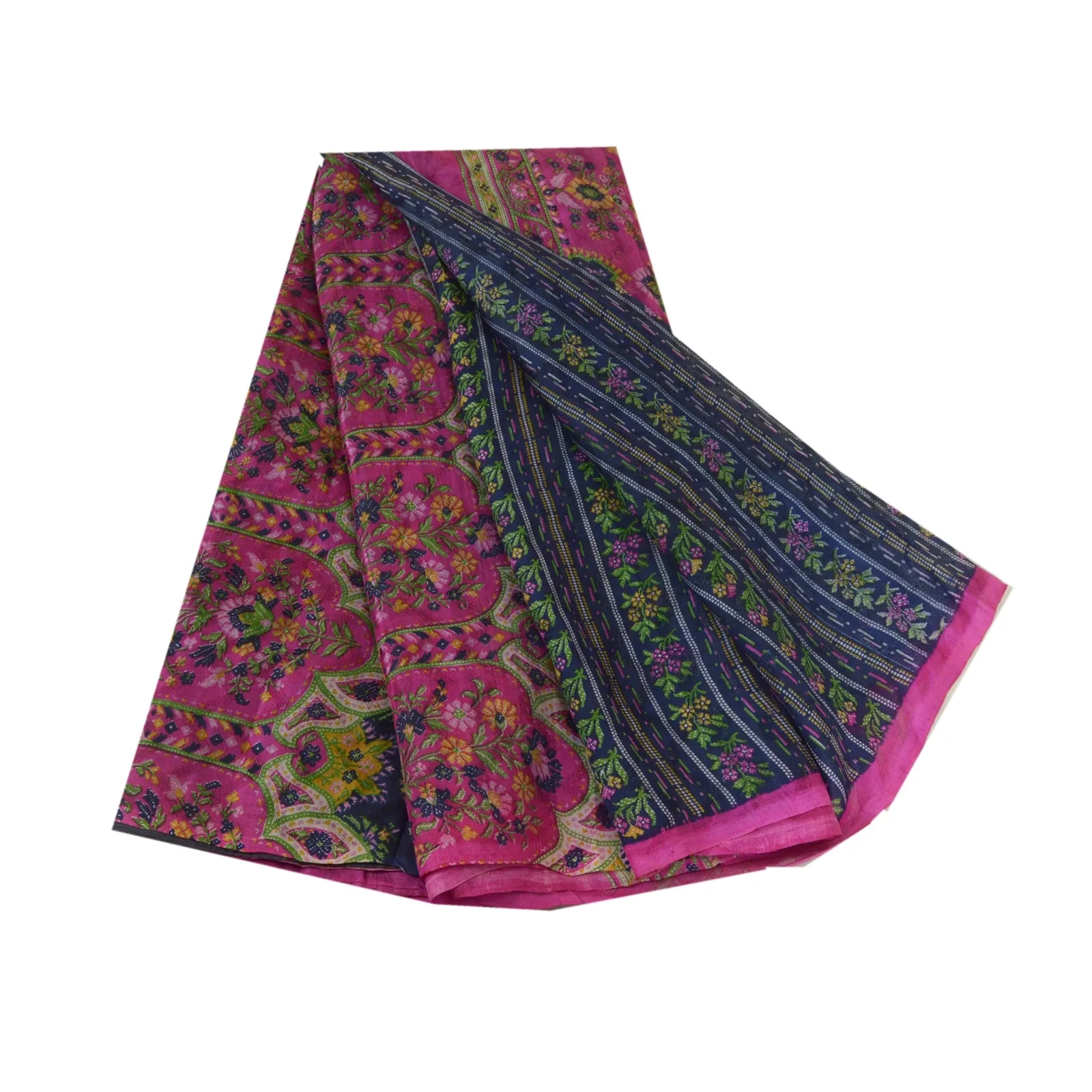 Sanskriti Vintage Sarees Blue/Pink Pure Silk Printed Sari Soft 5yd Craft Fabric