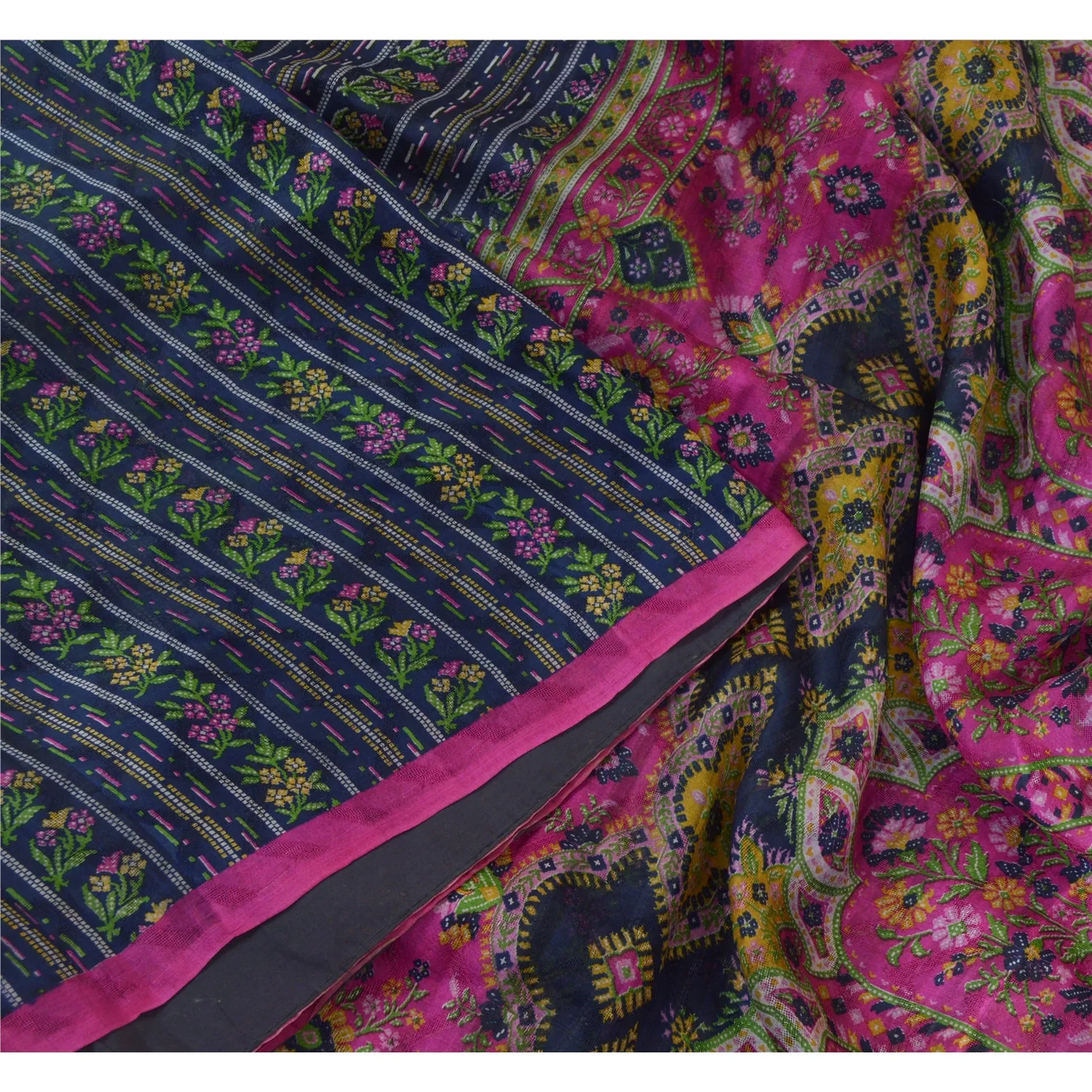 Sanskriti Vintage Sarees Blue/Pink Pure Silk Printed Sari Soft 5yd Craft Fabric