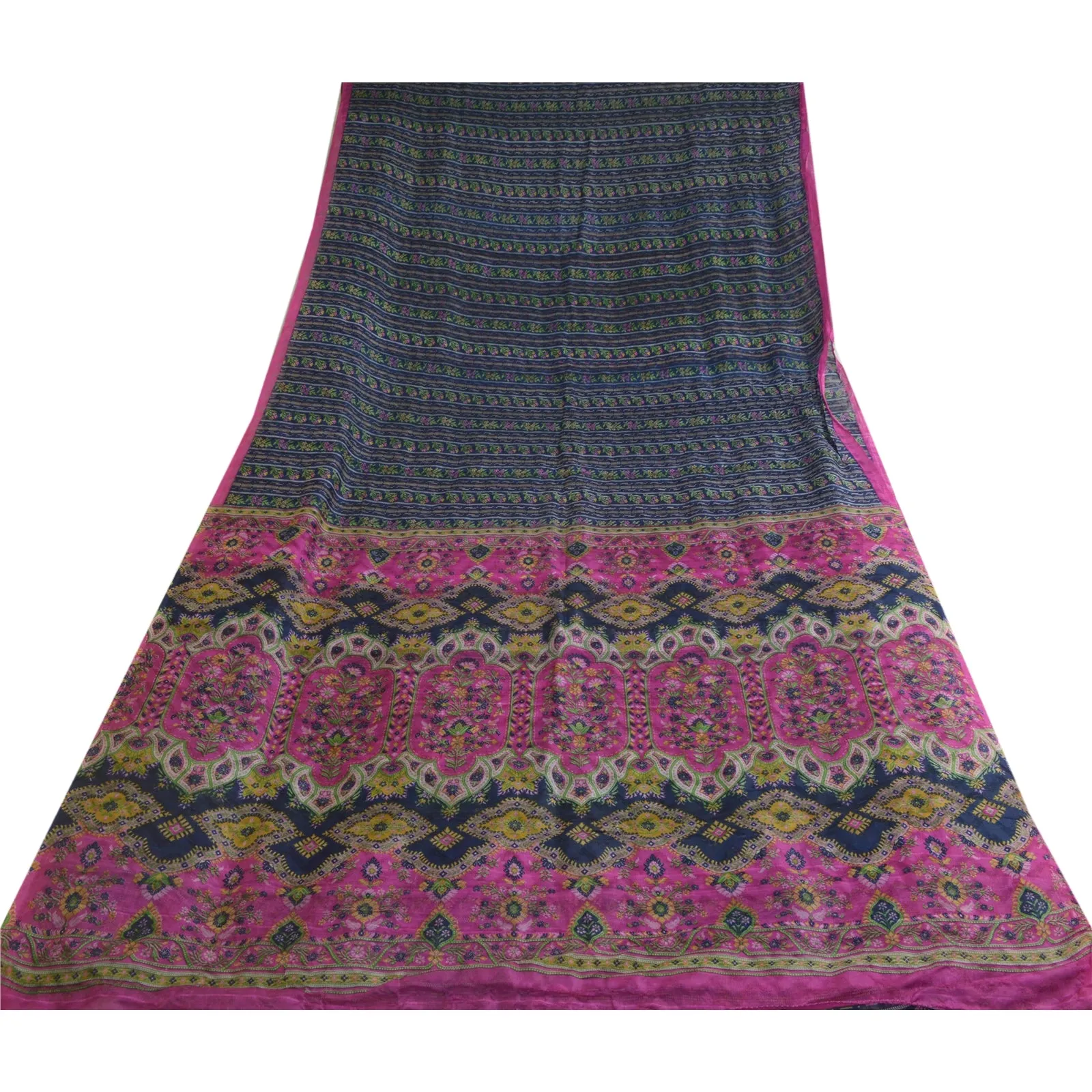 Sanskriti Vintage Sarees Blue/Pink Pure Silk Printed Sari Soft 5yd Craft Fabric