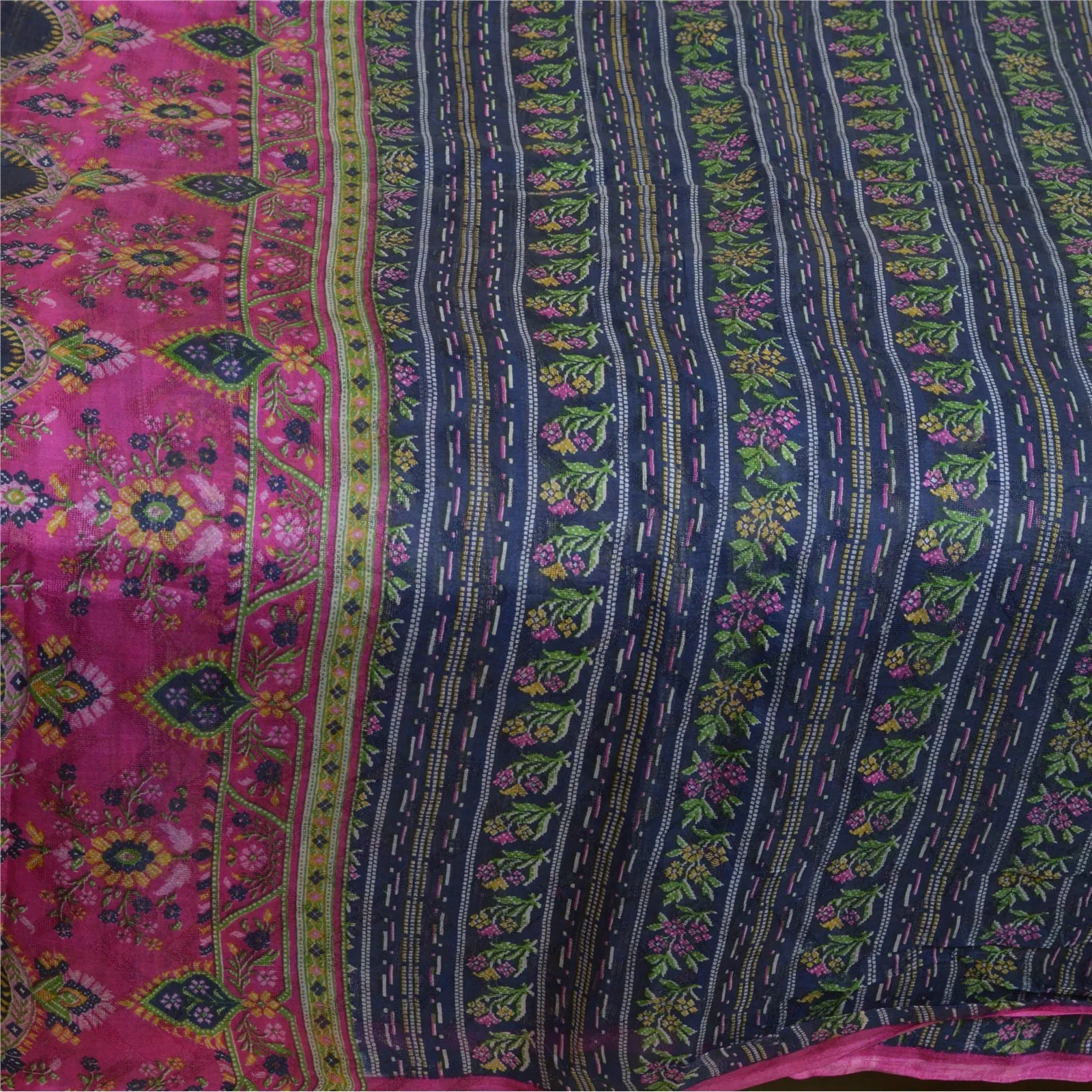 Sanskriti Vintage Sarees Blue/Pink Pure Silk Printed Sari Soft 5yd Craft Fabric