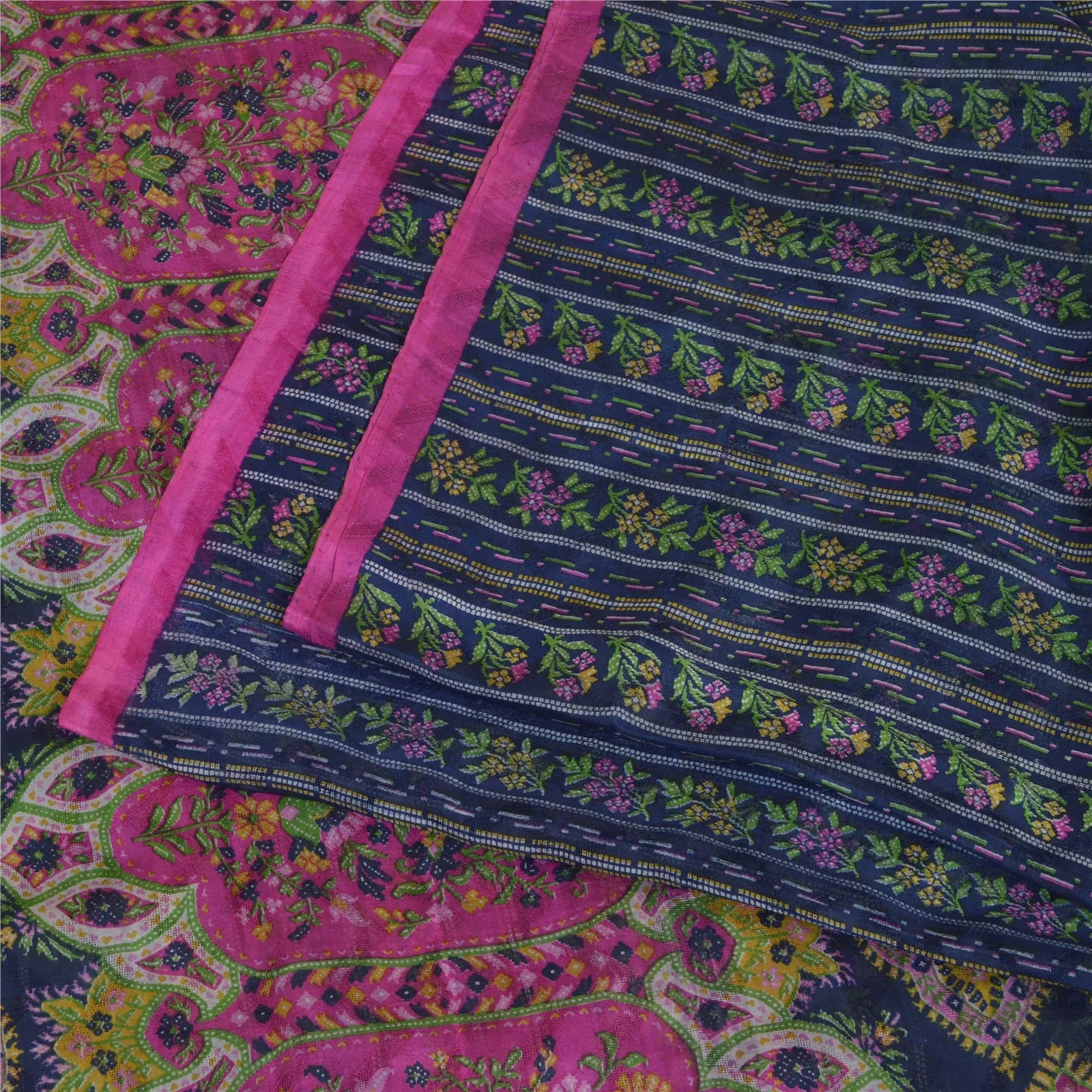 Sanskriti Vintage Sarees Blue/Pink Pure Silk Printed Sari Soft 5yd Craft Fabric