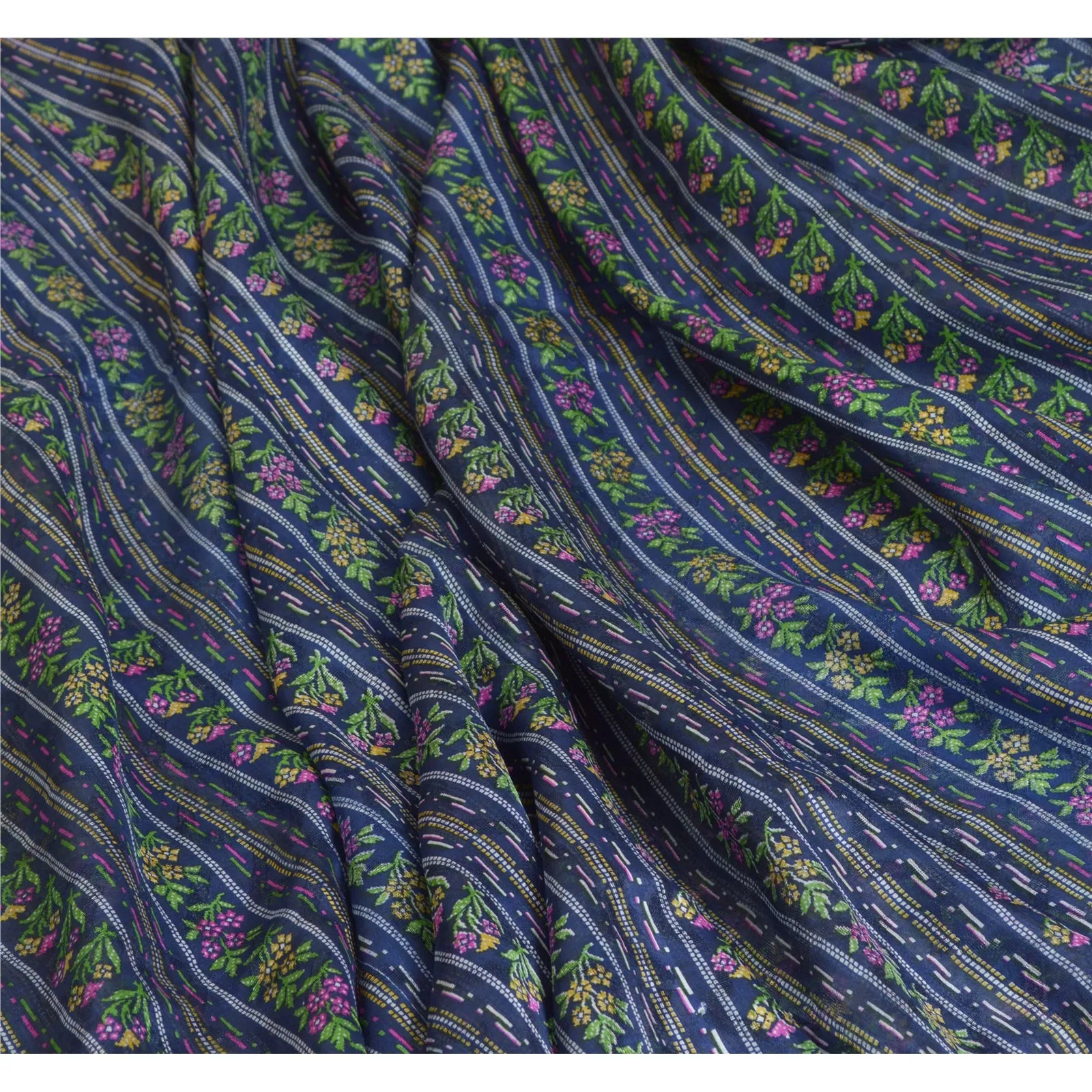 Sanskriti Vintage Sarees Blue/Pink Pure Silk Printed Sari Soft 5yd Craft Fabric