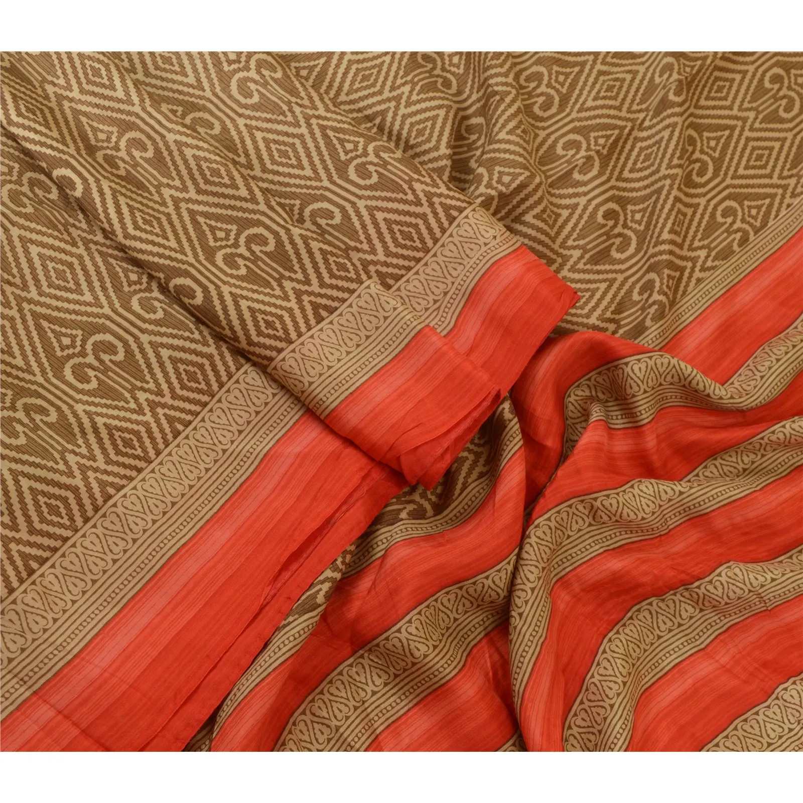 Sanskriti Vintage Sarees Brown 100% Pure Silk Printed Sari 5yd Soft Craft Fabric