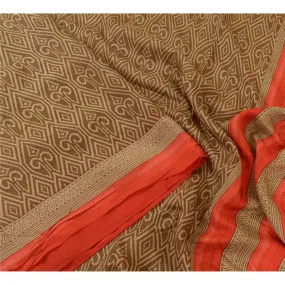 Sanskriti Vintage Sarees Brown 100% Pure Silk Printed Sari 5yd Soft Craft Fabric