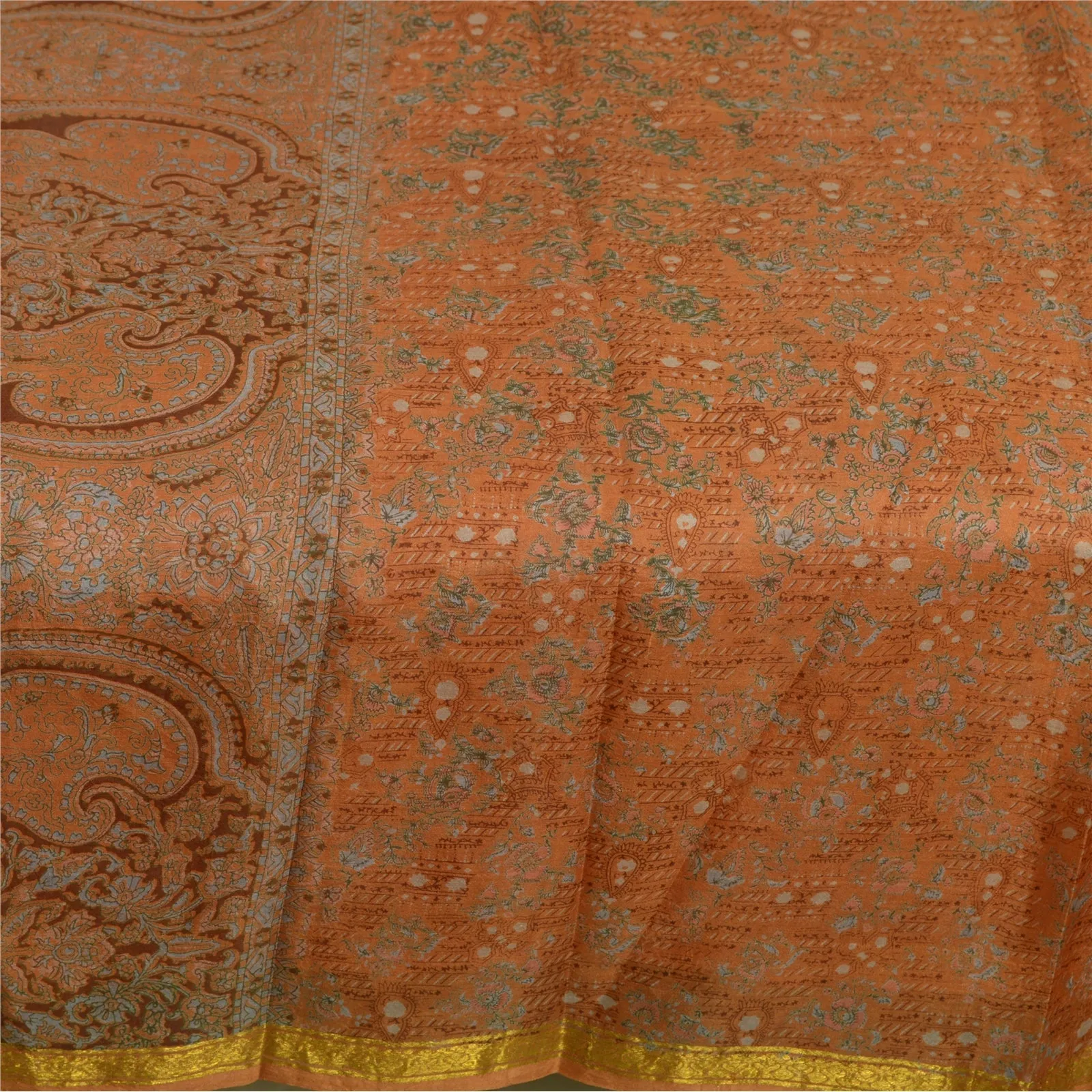 Sanskriti Vintage Sarees Brown Zari Border Pure Silk Printed Sari Craft Fabric