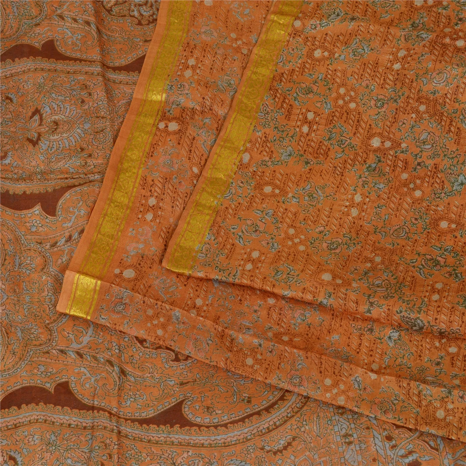 Sanskriti Vintage Sarees Brown Zari Border Pure Silk Printed Sari Craft Fabric