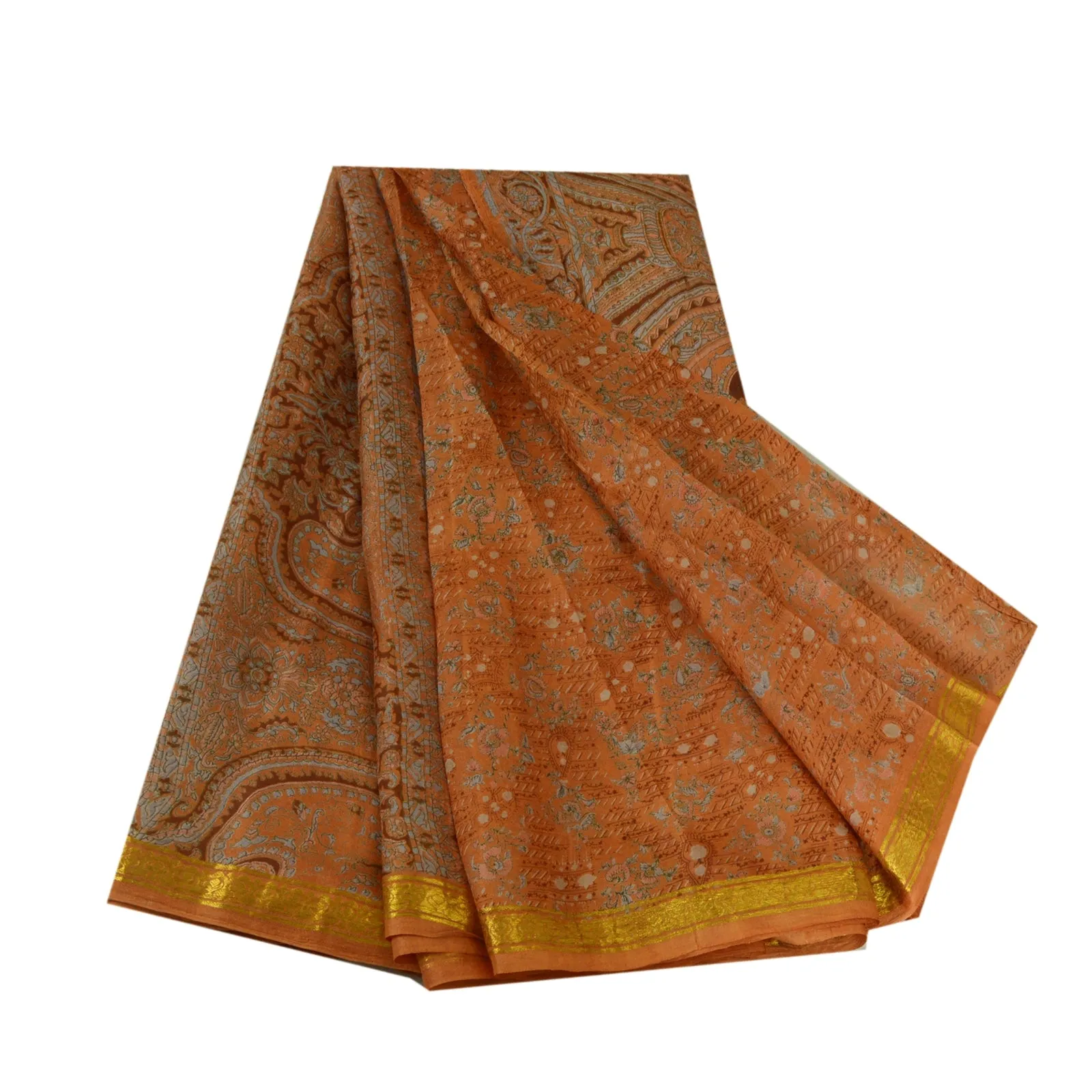 Sanskriti Vintage Sarees Brown Zari Border Pure Silk Printed Sari Craft Fabric